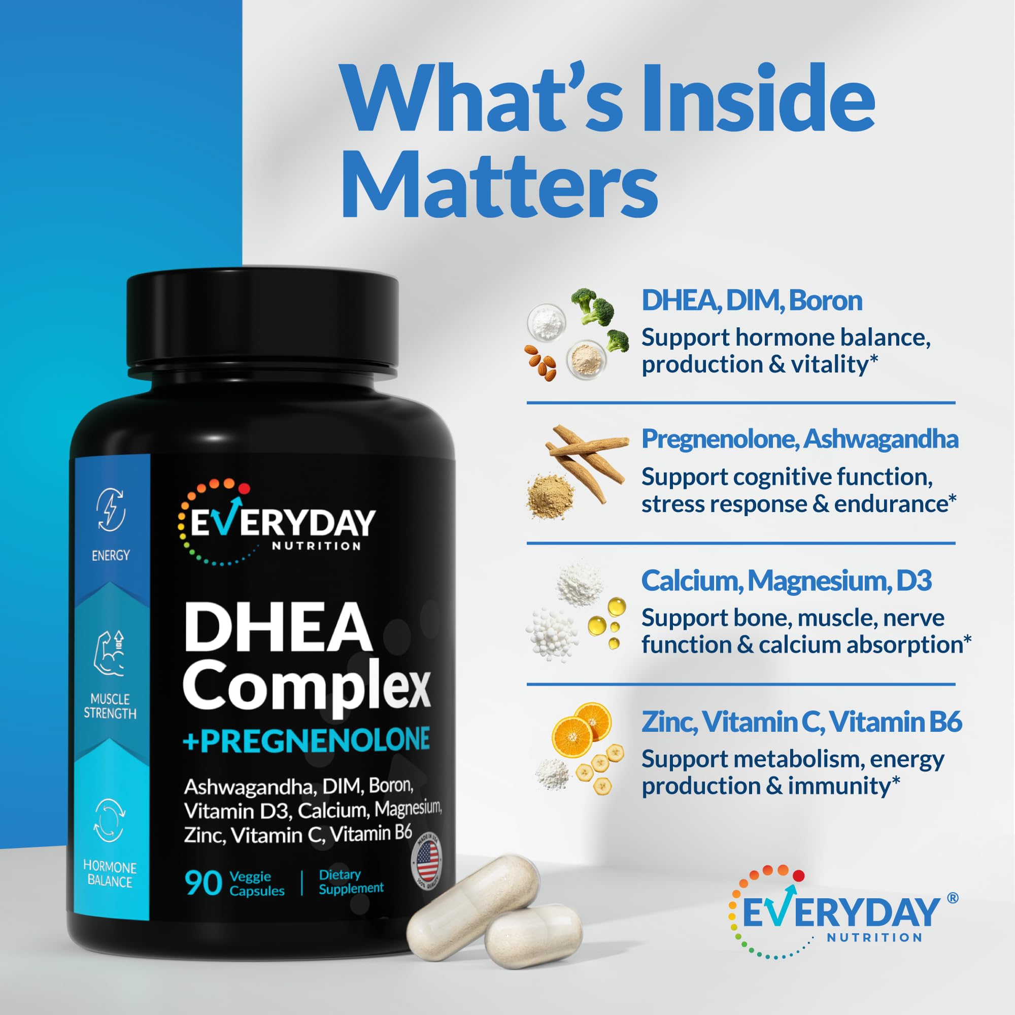 DHEA Micronized 200mg Complex with Pregnenolone 100mg Supplement for Men & Women with Ashwagandha, DIM, Magnesium, Boron, Calcium , Zinc, Vitamin D3, C and B6 Hormone Support - Made in USA 90 Capsules EVERYDAY NUTRITION Au supplements