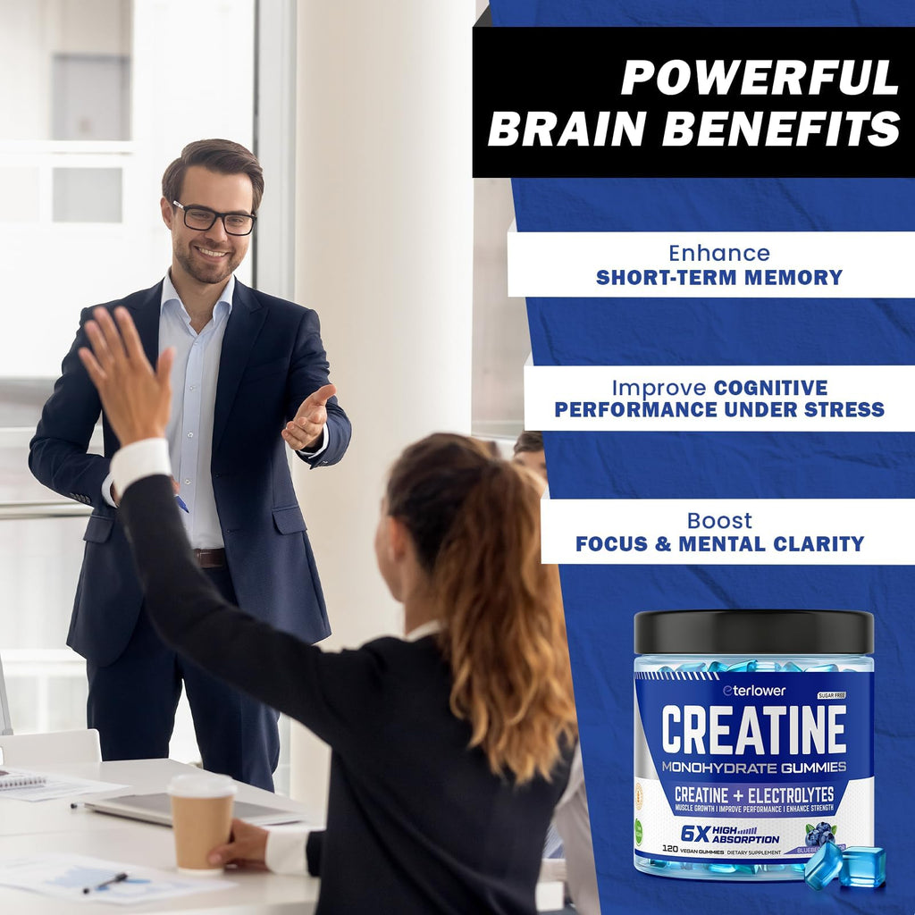 eterlower Creatine Monohydrate Gummies 5g – Pre-Workout Energy & Muscle Growth Support for Men & Women | Blueberry Electrolyte Gummies, 120 Count