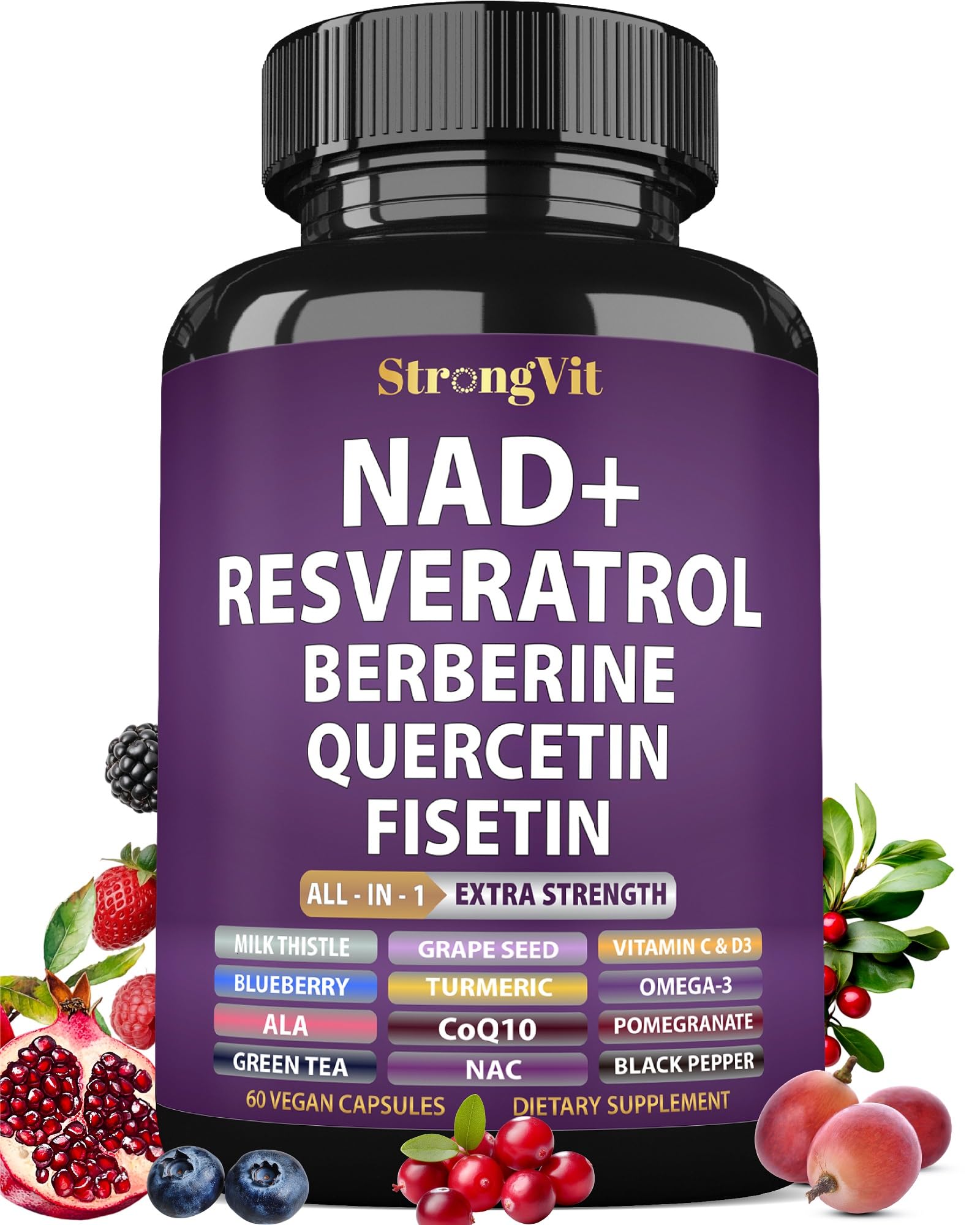 NAD Resveratrol Supplement with Berberine, Quercetin, CoQ10. Anti-Aging Formula for Women & Men. Liposomal NAD Plus, NAD+ Booster, Pure Organic Vitamin, USA StrongVit Au supplements