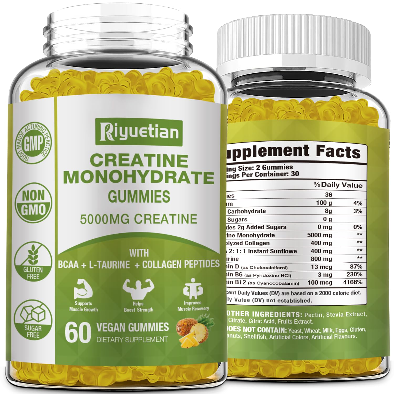 Riyuetian Creatine Monohydrate Gummies, Creatine for Men & Women, Chewable Creatine for Enhancing Focus and Endurance, 5g Creatine per Serving, Sugar-Free, 60 Count Riyuetian Au supplements
