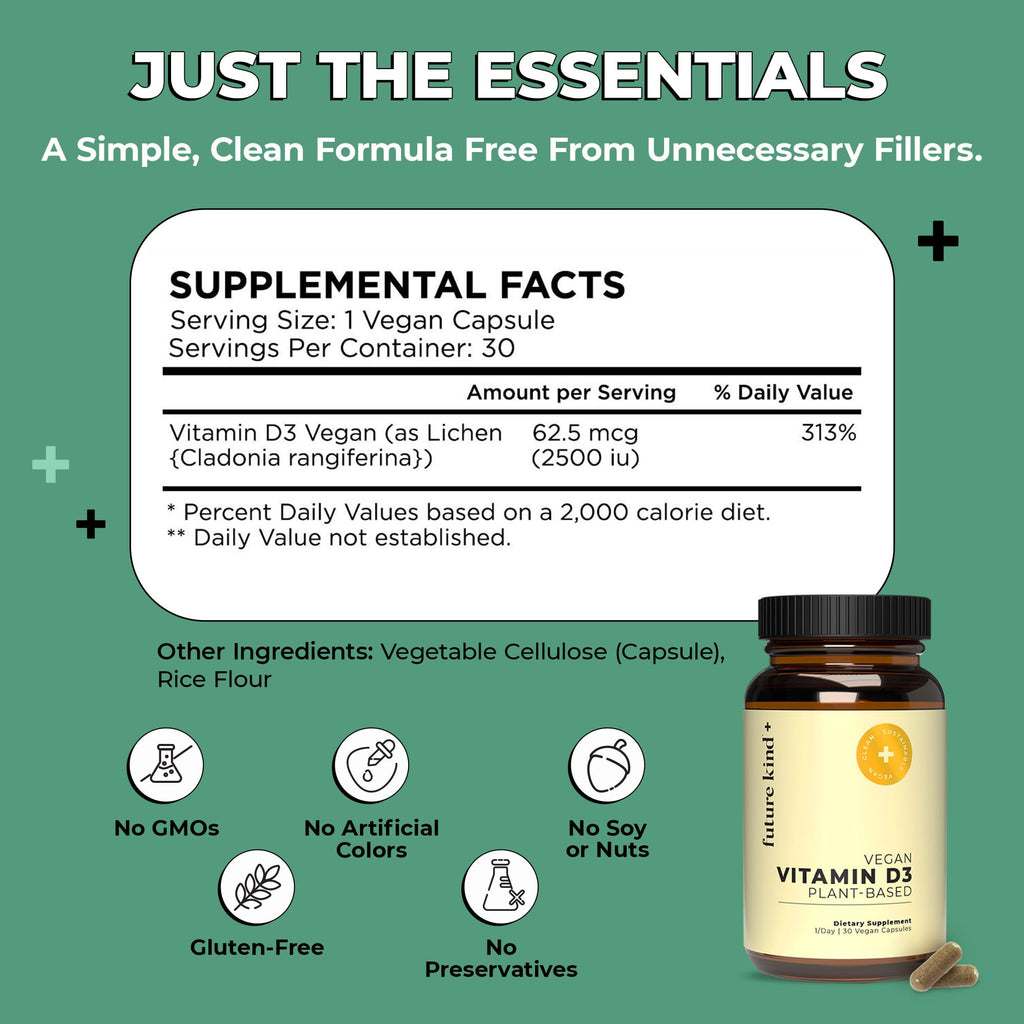 Future Kind Vitamin D3 2500 IU for Bone and Muscle Function, Vitamin D Vegan Supplement from Plant Lichen, Non-GMO, Sugar Free, Pure Vitamin D3, Promotes Natural Resilience, 30 Capsules Future Kind Au supplements