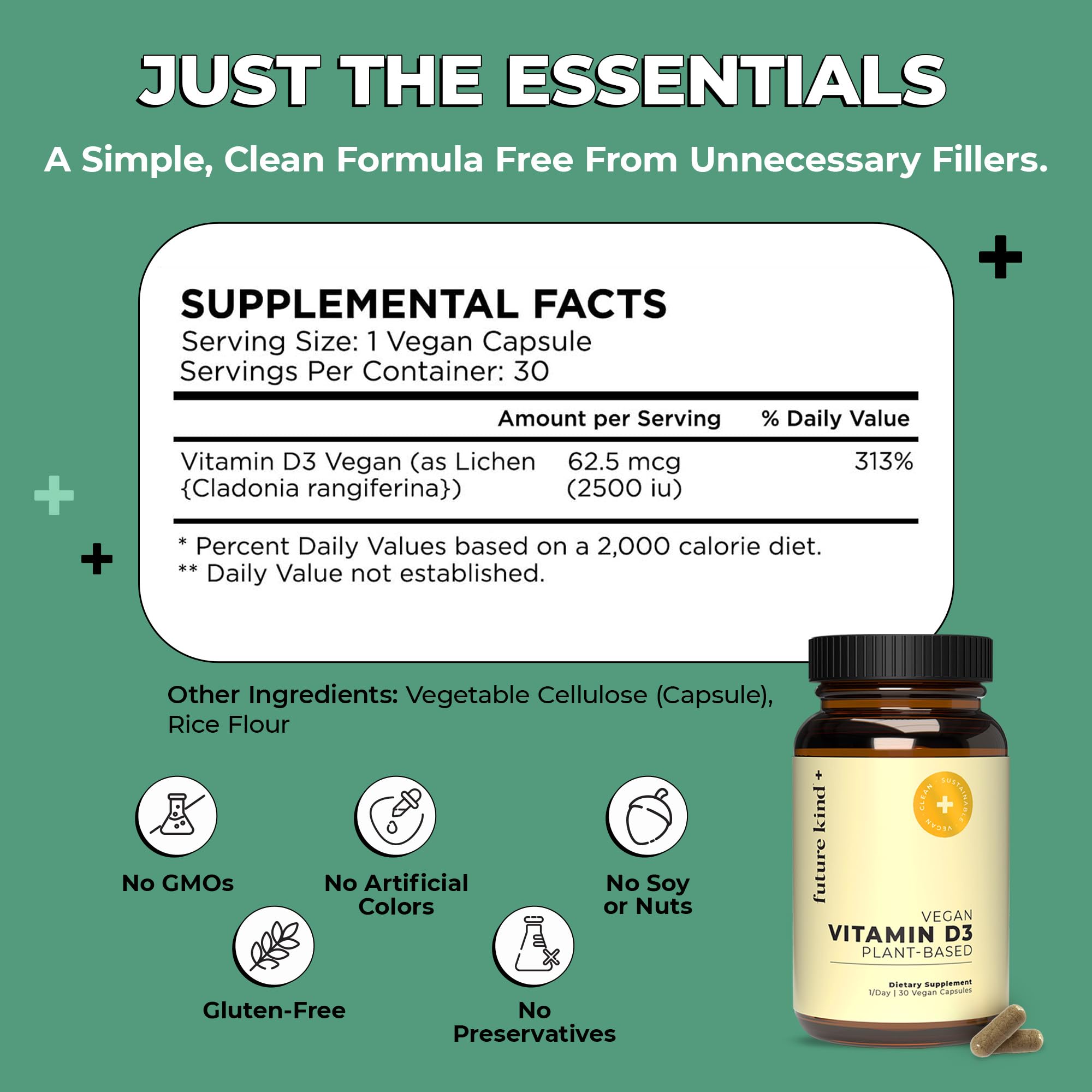 Future Kind Vitamin D3 2500 IU for Bone and Muscle Function, Vitamin D Vegan Supplement from Plant Lichen, Non-GMO, Sugar Free, Pure Vitamin D3, Promotes Natural Resilience, 30 Capsules Future Kind Au supplements