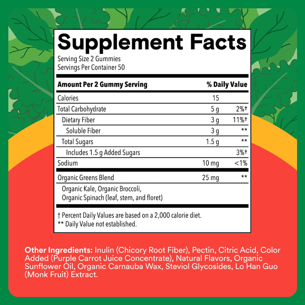 SmartyPants Kids Fiber & Veggies: Prebiotic Fiber Gummies for Kids, Fiber Supplement with Inulin, Organic Green Veggie Blend, Vegan, Gluten Free