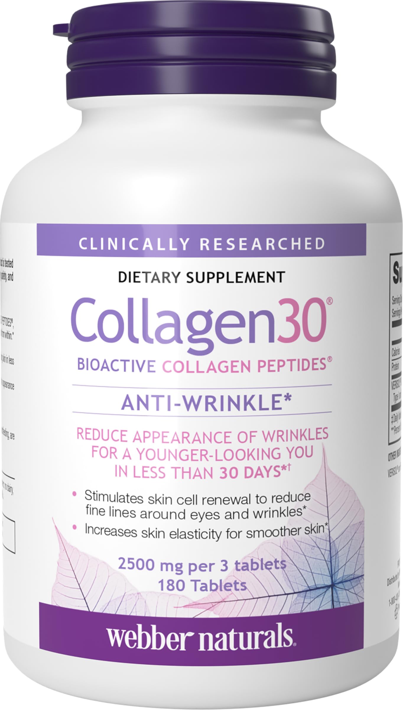 Webber Naturals Collagen 30 Anti-Wrinkle, 2,500mg of Bioactive Collagen Peptides Per Serving (3 Tablets), 180 Tablets, Helps Reduce Deep Wrinkles