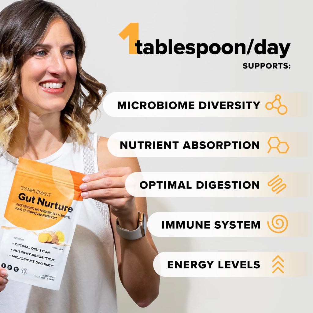 Complement Gut Nurture Prebiotic + Postbiotic Superfood Powder for Leaky Gut Repair, Probiotics for Digestive Health - Ginger Root - 30 Servings Complement Au supplements