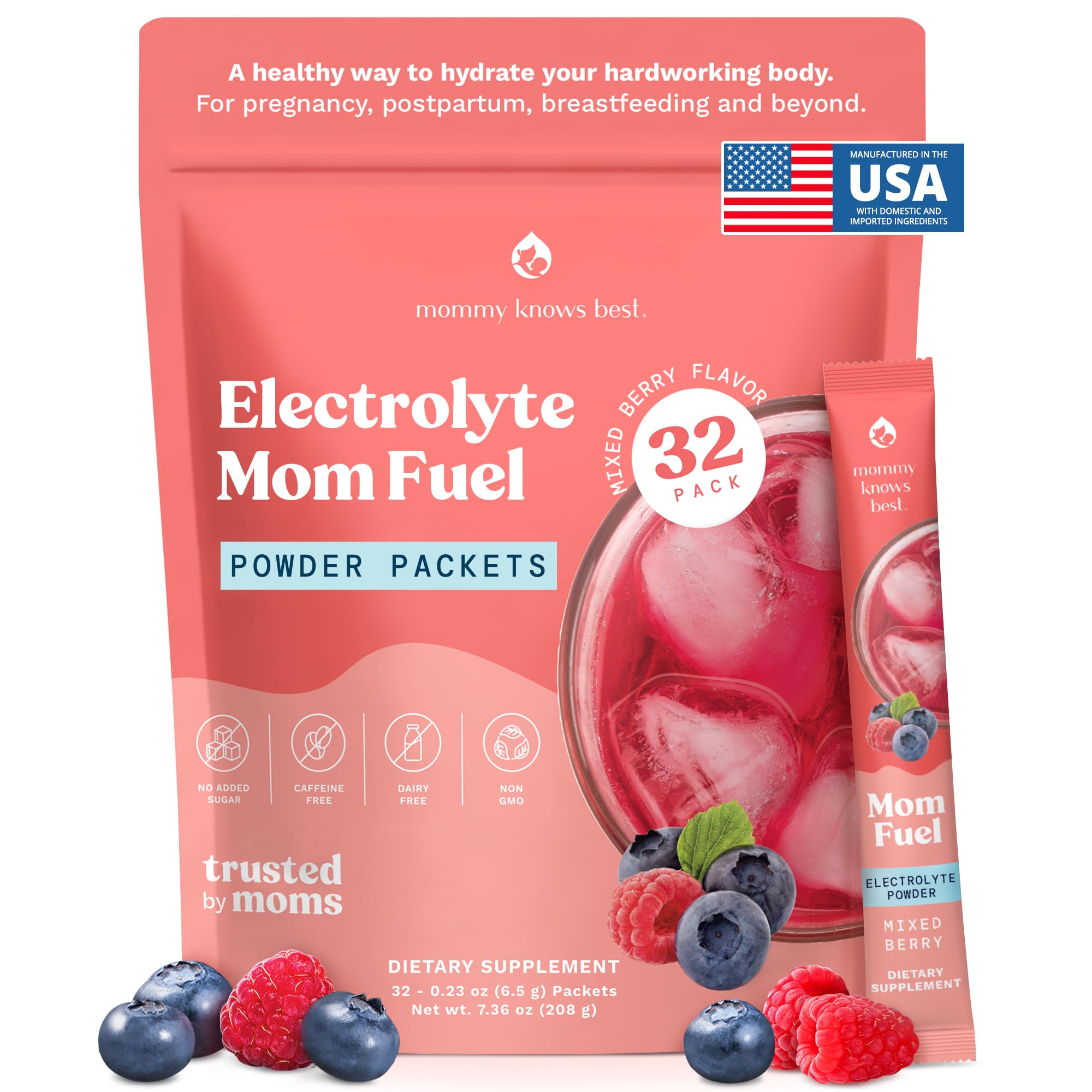 Mommy Knows Best Mom Fuel Electrolyte Drink Mix for Moms, Hydration Support - for Pregnancy, Prenatal, Electrolytes + Trace Minerals, Lactation Drink Mix Supplement (32 Count)