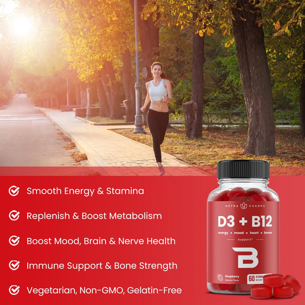 NutraChamps Vitamin D3 & B12, Methyl B12 Gummies for Adults & Kids, Enhanced with Vitamin D 3 & B9 Vitamin Folate, Natural Energy, Mood