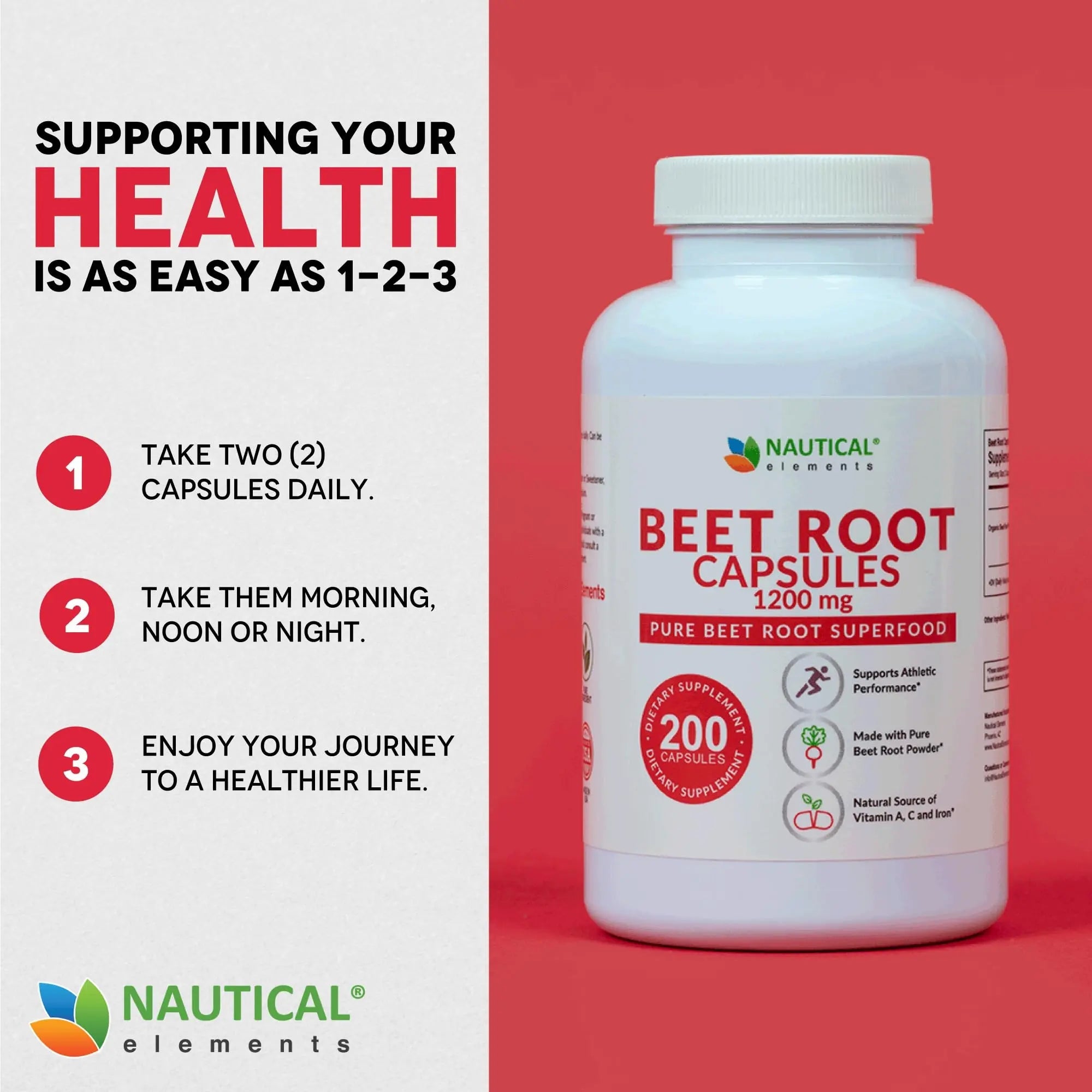 Beet Root Capsules - 1200mg Per Serving - 200 Beet Root Powder Capsules - Beetroot Powder Supports Blood Pressure, Athletic Performance, Digestive Nautical Elements Au supplements