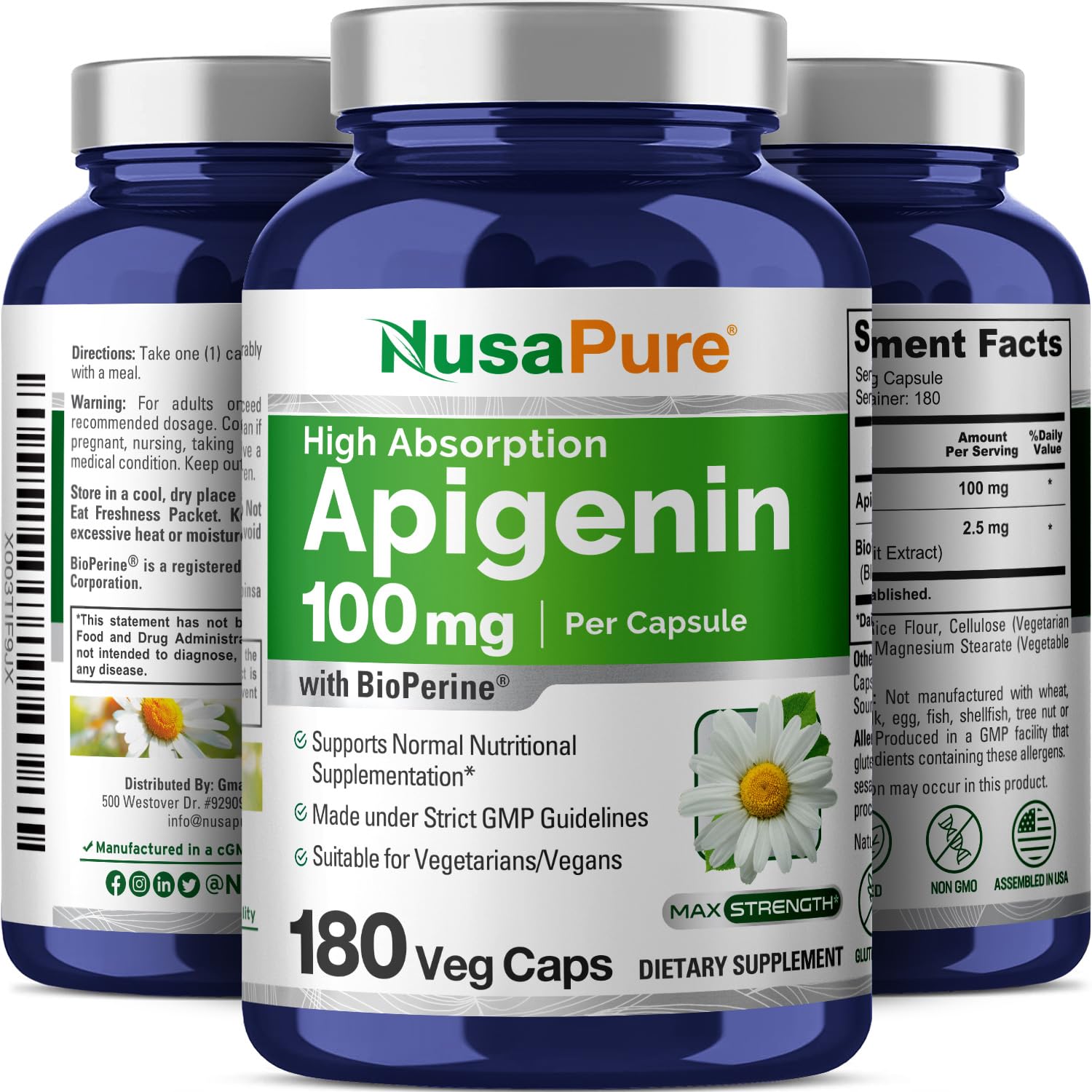 NusaPure Apigenin 100 mg per Capsule 180 Vcaps - Bioperine (Non-GMO, Gluten Free) NusaPure Au supplements