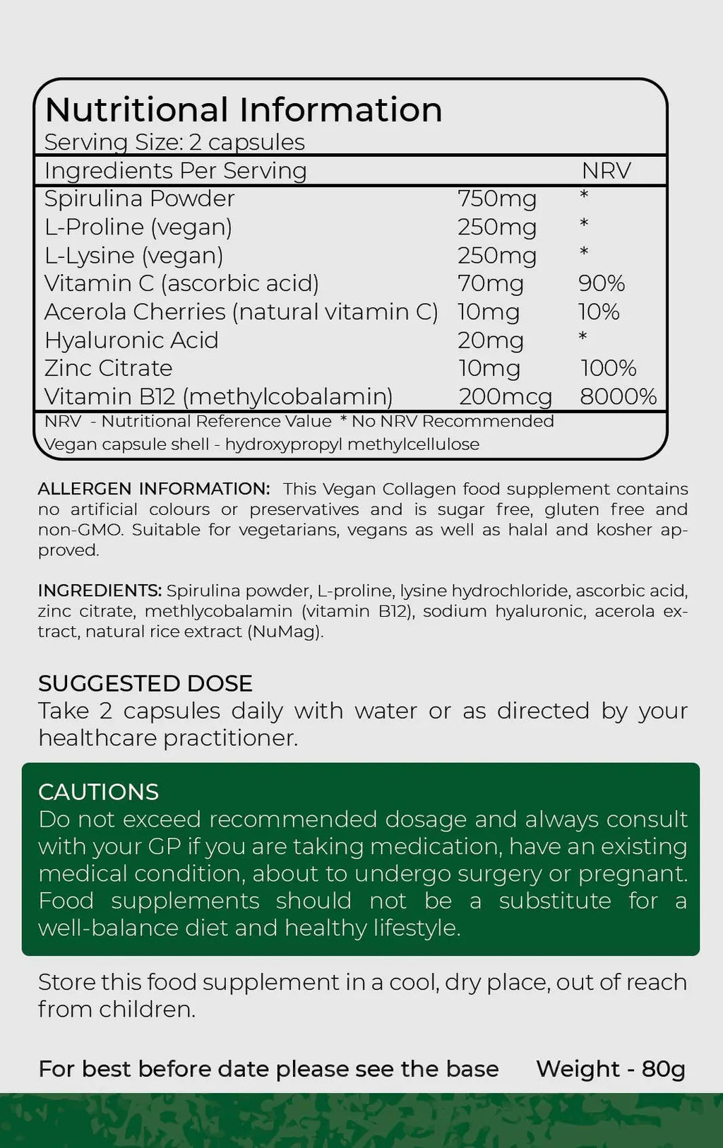 Vegan Collagen Supplement - 1400mg, Spirulina, L-Lysine, L-Proline, Acerola Cherries , Vitamin C & B12, Zinc, Hyaluronic Acid, UK Made D Direct Vitality Au supplements