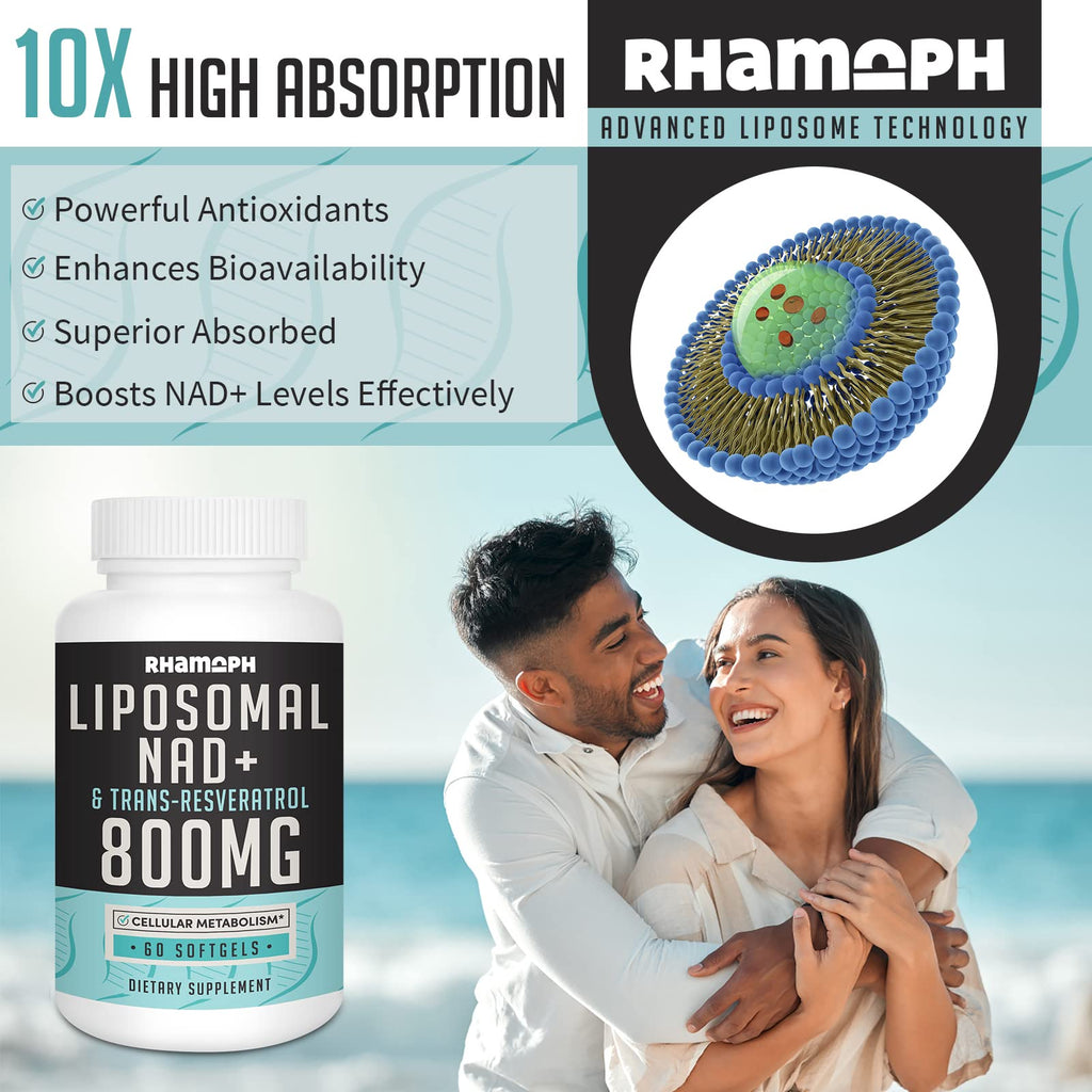 Rhamoph Liposomal NAD+ 800 mg with Trans-Resveratrol 300 mg, Max Absorption, Actual NAD+ Boosting Supplement for Healthy Aging, Cellular Energy, DNA Repair, Longevity - 60 Softgels Rhamoph Au supplements