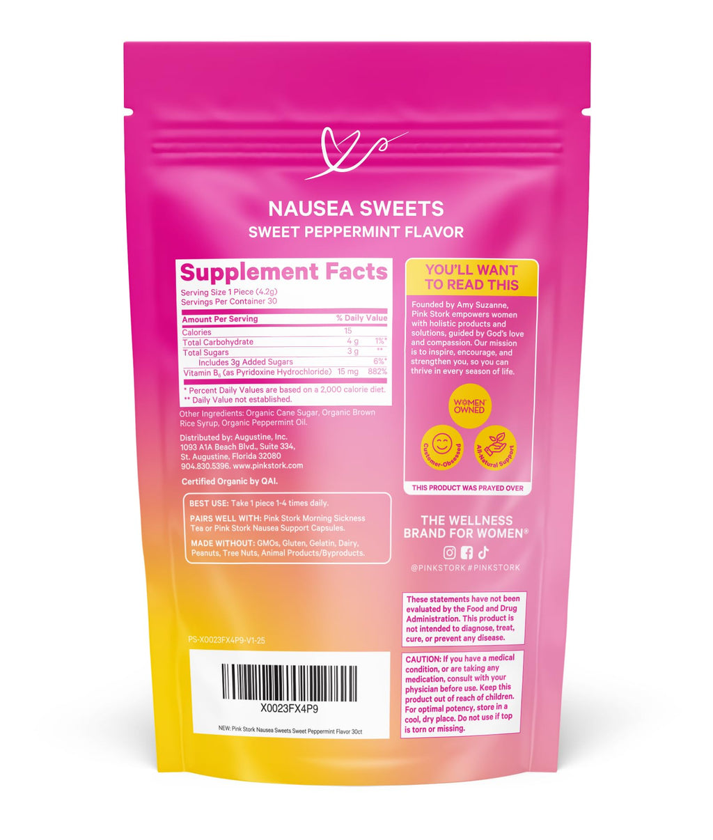 Pink Stork Organic Peppermint Sweets for Morning Sickness and Motion Sickness Support, Added Vitamin B6, 1st Trimester Pregnancy Must Haves - 30 Wrapped Peppermint Candies Pink Stork Au supplements