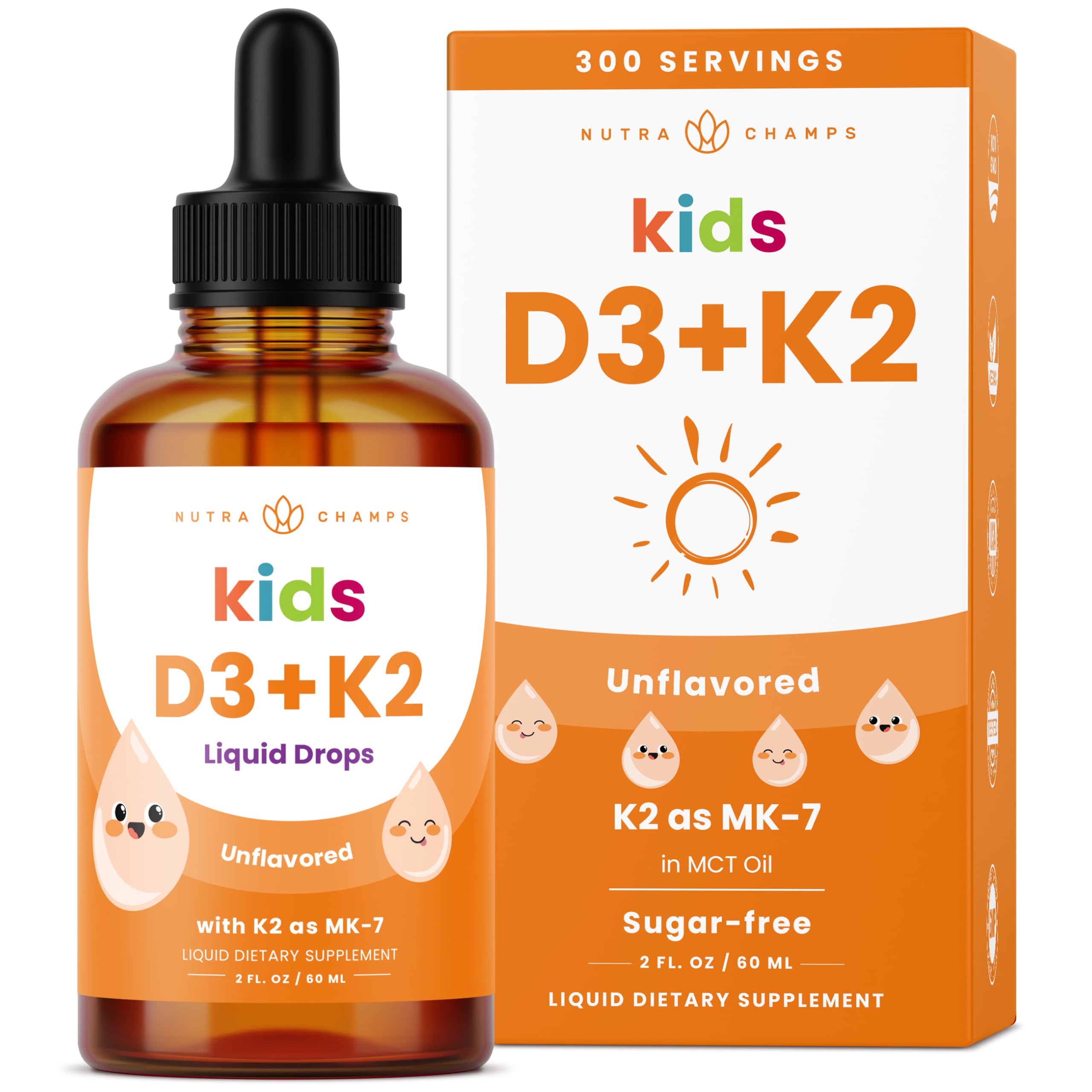 NutraChamps Kids Vitamin D 3 K2 Drops, Vitamin D3 & K2 MK-7, Liquid Vitamin D for Kids 1000 IU, Healthy Bones, Heart & Immune System,
