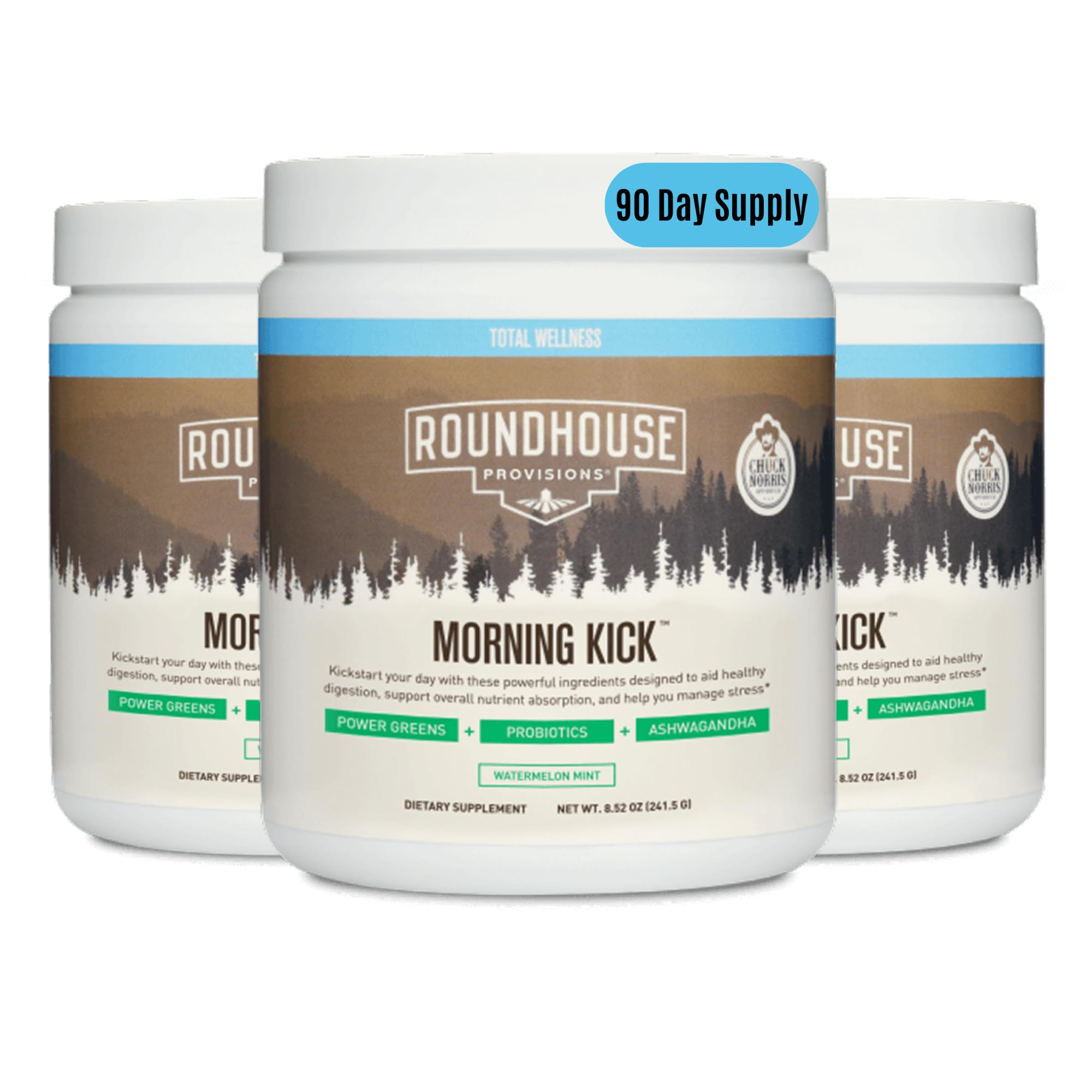 ROUNDHOUSE PROVISION Morning Kick by Chuck Norris - Watermelon Mint Flavor - Greens Superfood Powder with Probiotics, Collagen Peptides & Ashwagandha to Help Support Gut & Joint Health, 3 Pack ROUNDHOUSE PROVISION Au supplements