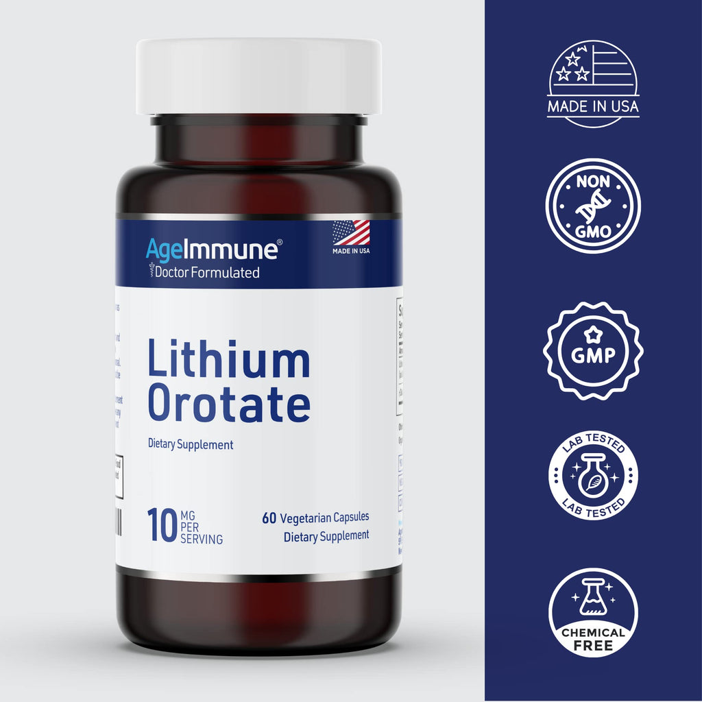 Lithium Orotate 10mg per Capsule - 60 Vegetarian Capsules. Memory and Emotional Wellness Support - Magnesium Stearate Free