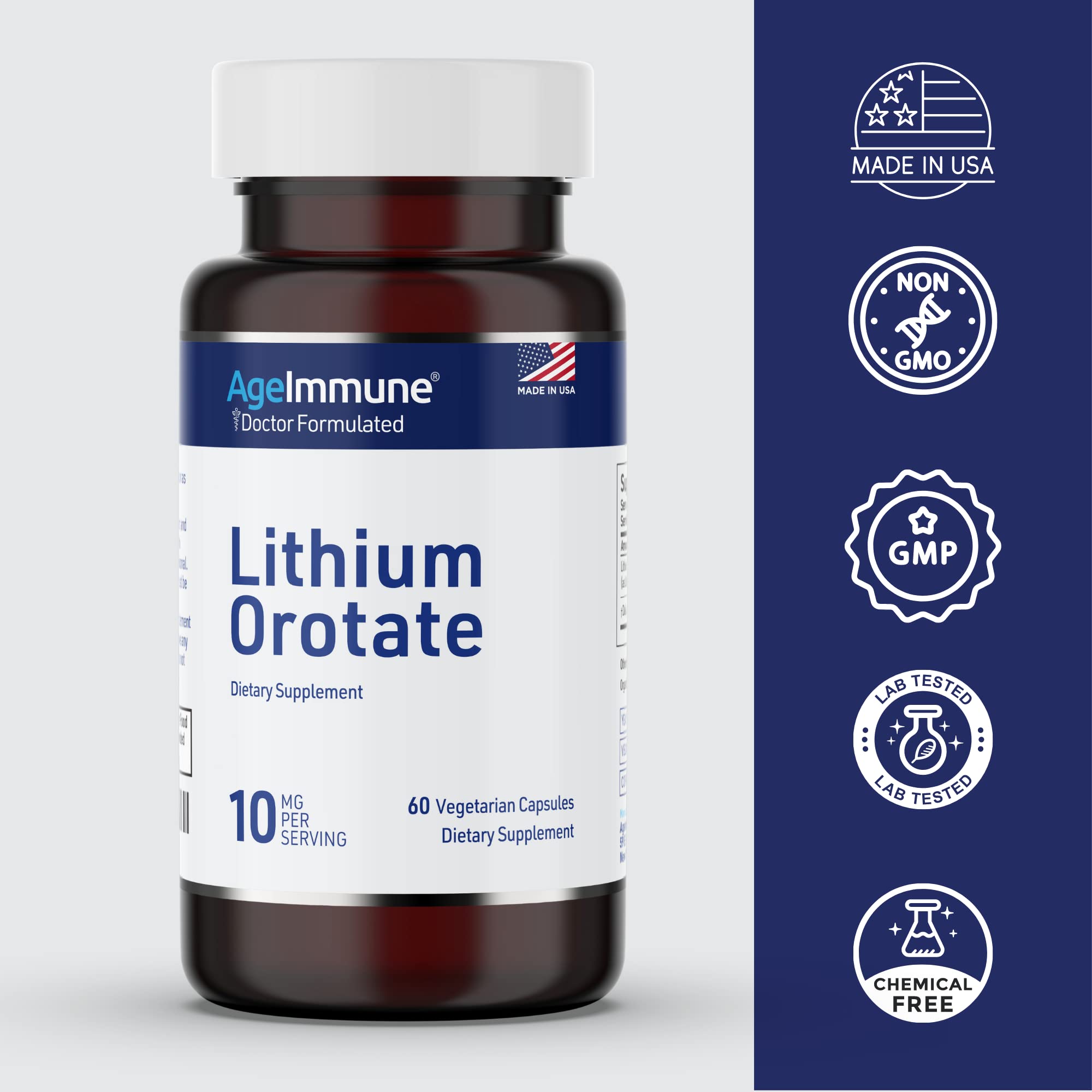 Lithium Orotate 10mg per Capsule - 60 Vegetarian Capsules. Memory and Emotional Wellness Support - Magnesium Stearate Free
