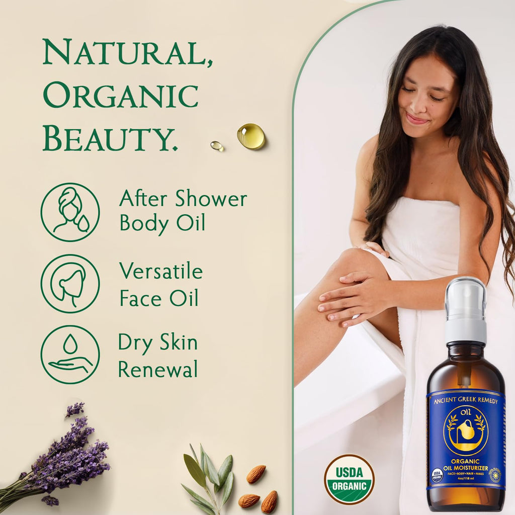 Ancient Greek Remedy Body Oil - Organic After Shower Face Oil & Body Moisturizer for Dry Skin - Almond, Jojoba, Olive, Lavender