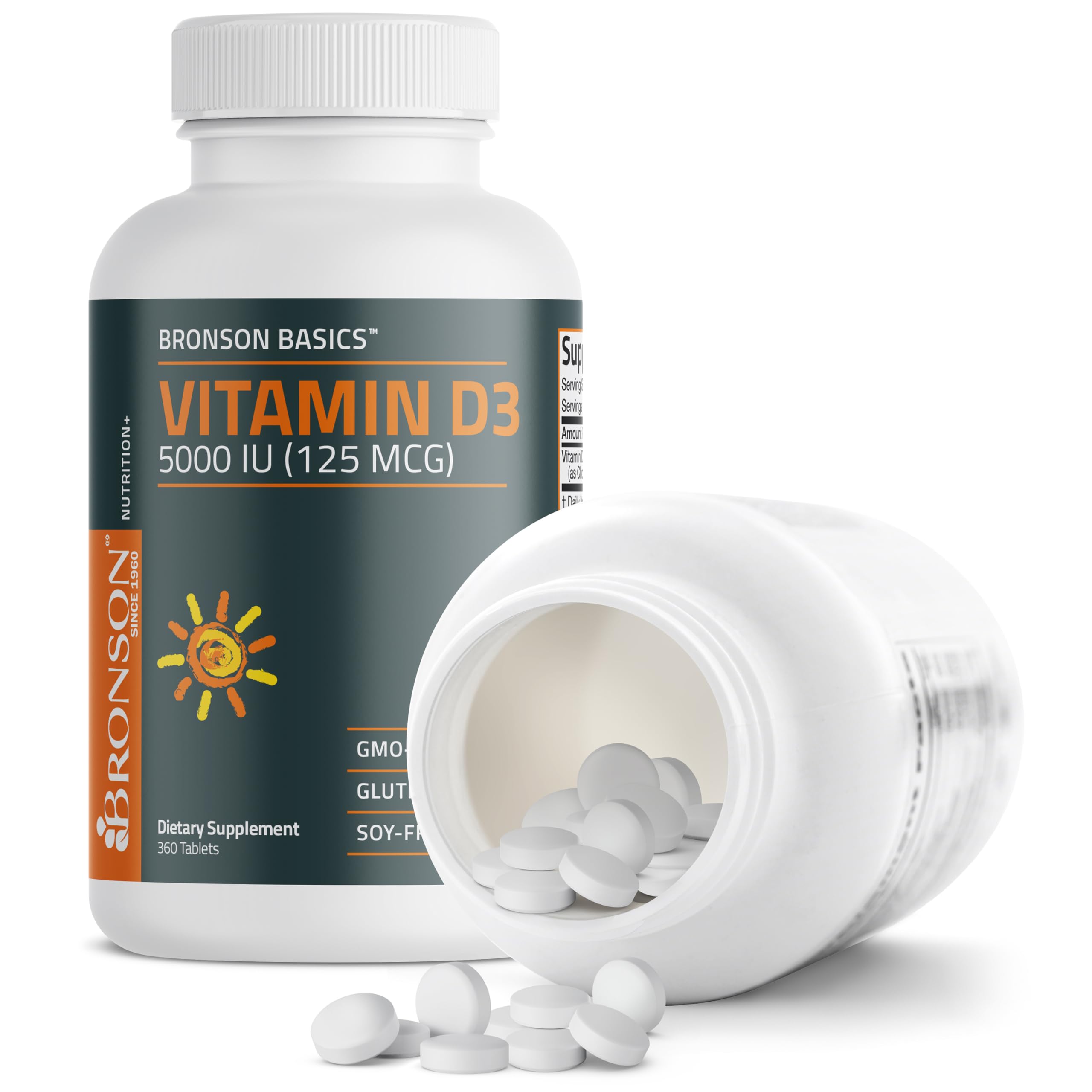 Bronson Vitamin D3 5000iu (125mcg) Healthy Muscle Function and Immune Support, Non-GMO, 360 Tablets