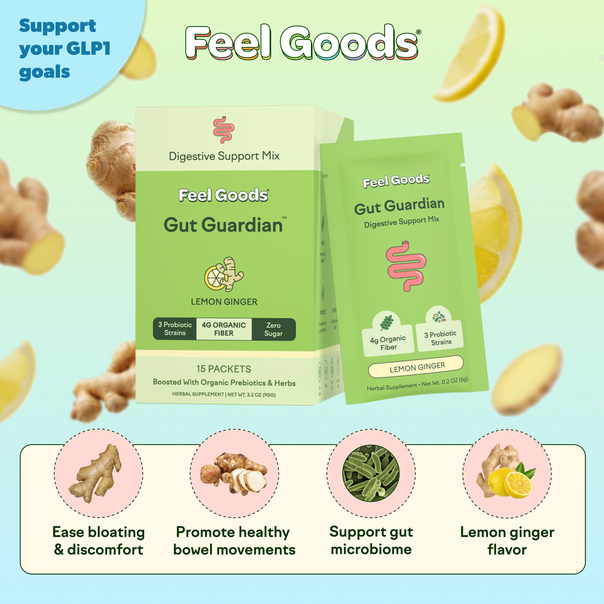 Feel Goods Gut Guardian, Gut Health Powder Packets - Probiotic Fiber Powder with Prebiotics & L Glutamine for Digestive Health, Bloating Relief & Digestion Support - Zero Sugar & Organic Flavor Feel Goods Au supplements