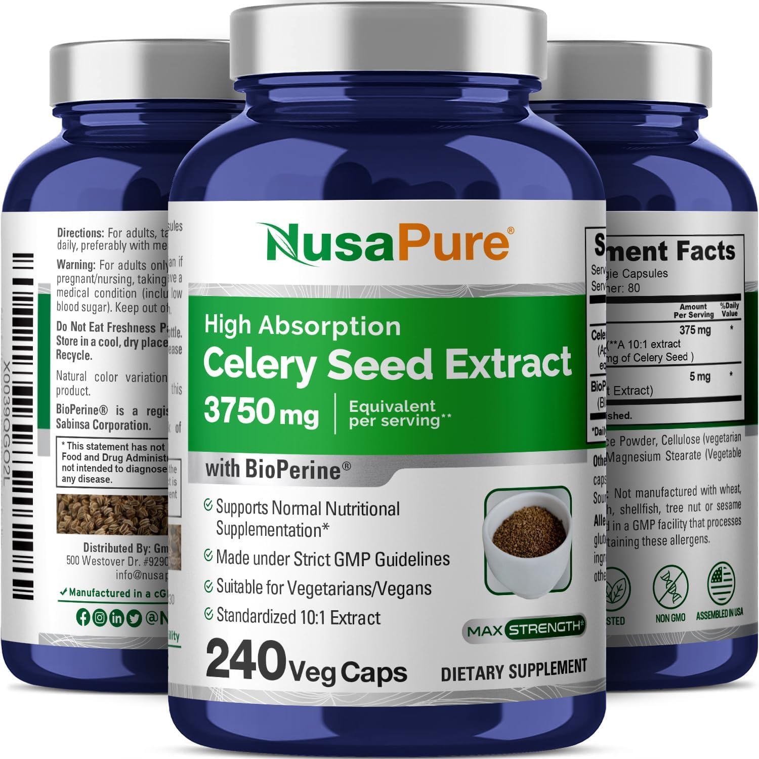 NusaPure Celery Seed Capsules 10:1 Extract, 375 mg Equivalent to 3750mg, 240 Veggie Caps, Non-GMO, Vegan NusaPure Au supplements