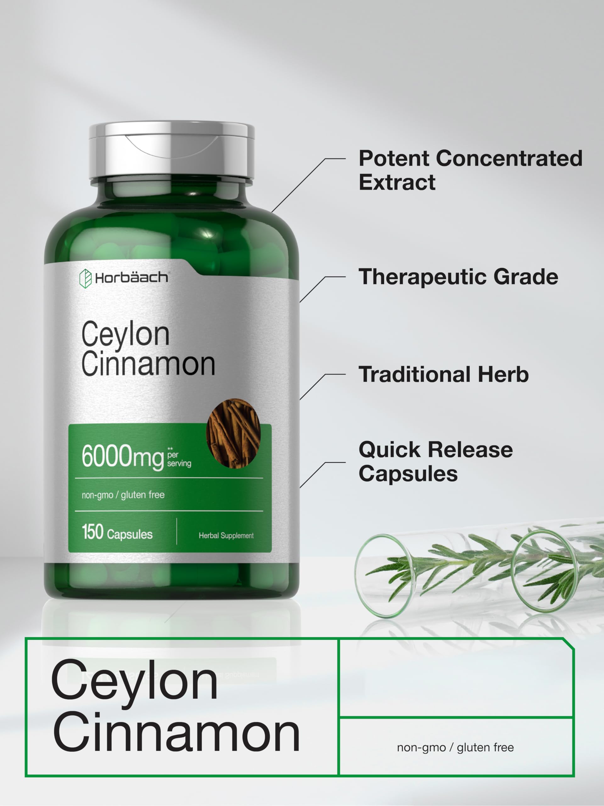 Horbäach Ceylon Cinnamon Supplement | 150 Capsules | Herbal Extract Pills | Non-GMO & Gluten Free