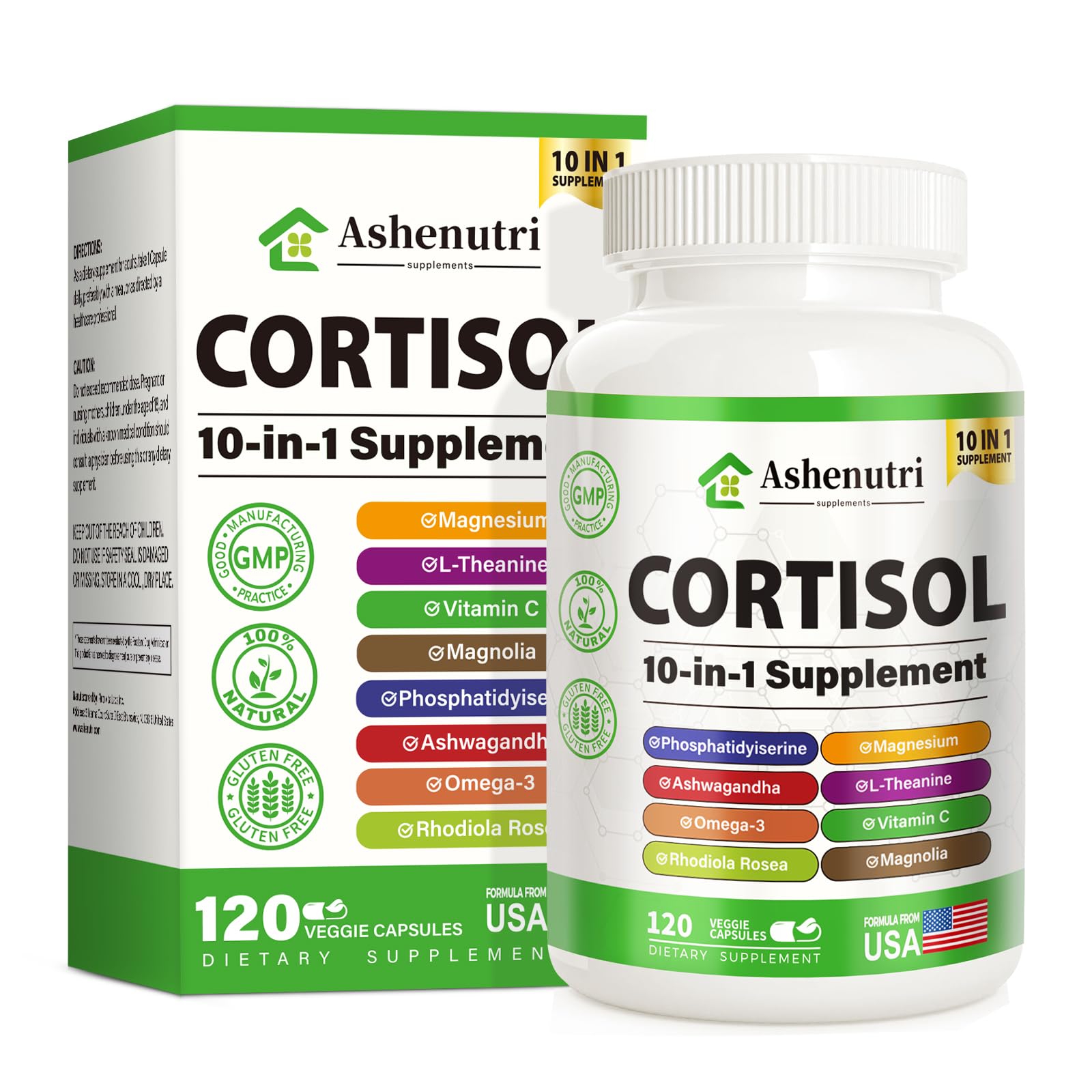 Ashenutri 10-in-1 Cortisol Supplement with Magnesium,Ashwagandha,Rhodiola Rosea,L Theanine,Hormone Balance for Women 120 Vegan Capsules Ashenutri Au supplements
