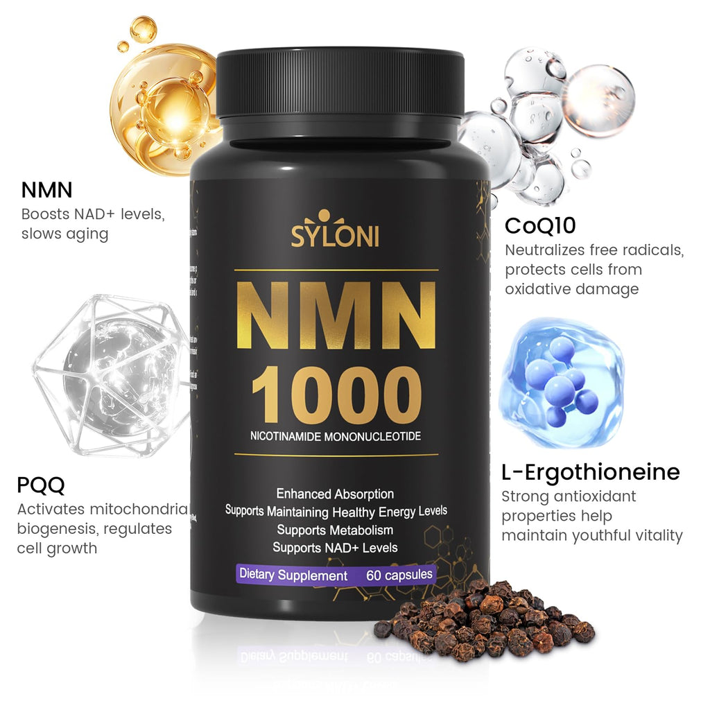 Syloni NMN Supplement 1000mg, 99% Pure NMN 4-in-1 NAD+ Booster with PQQ, CoQ10, L-Ergothioneine, 60 Capsules Nicotinamide Mononucleotide - Anti-Aging, Energy Boost, DNA Repair for Adults, Vegan Syloni Au supplements