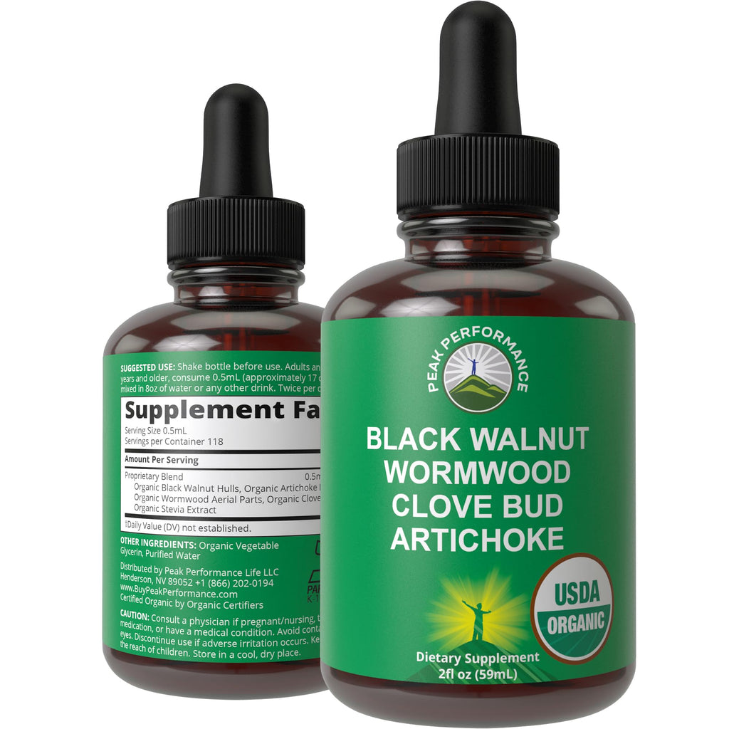 USDA Organic Wormwood Black Walnut Clove Drops Cleanse for Humans. Sugar Free Supplement for Intestinal Cleanse, Detox Support for Adults and Kids. with Artichoke and Clove Bud. Kosher, No GMOs Peak Performance Au supplements