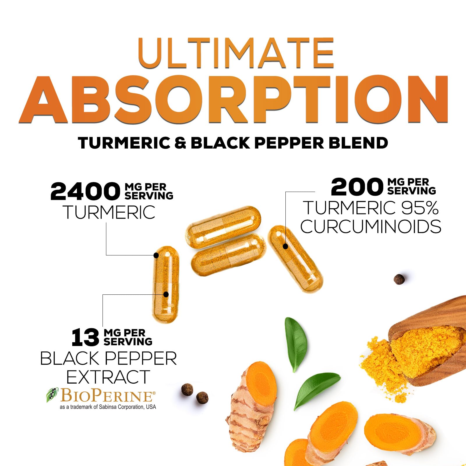 Turmeric Curcumin Supplement - 2400mg Organic Turmeric Per Serving - 95% Curcuminoids & BioPerine Black Pepper Extract for Best Absorption - Natural Vegan Joint Support