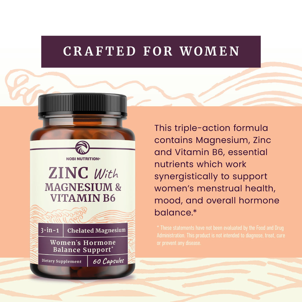 Zinc and Magnesium Supplement with Vitamin B6 | Women’s Hormone Balance, Menstrual Cycle & Immune Support | High Absorption Chelated Magnesium Glycinate with Zinc Picolinate and VIT B6 | 60 Ct Nobi Nutrition Au supplements