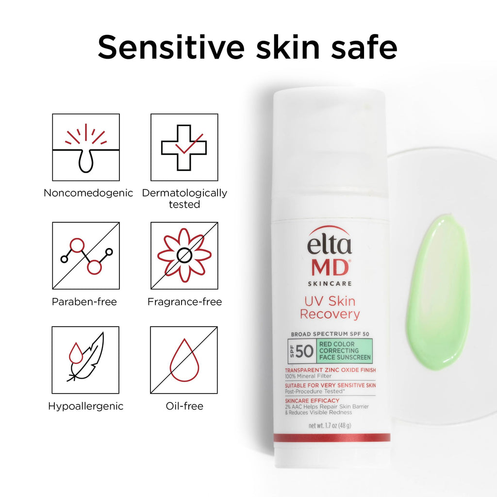 EltaMD UV Skin Recovery Green Tint 100% Mineral Sunscreen, SPF 50, Redness Correcting