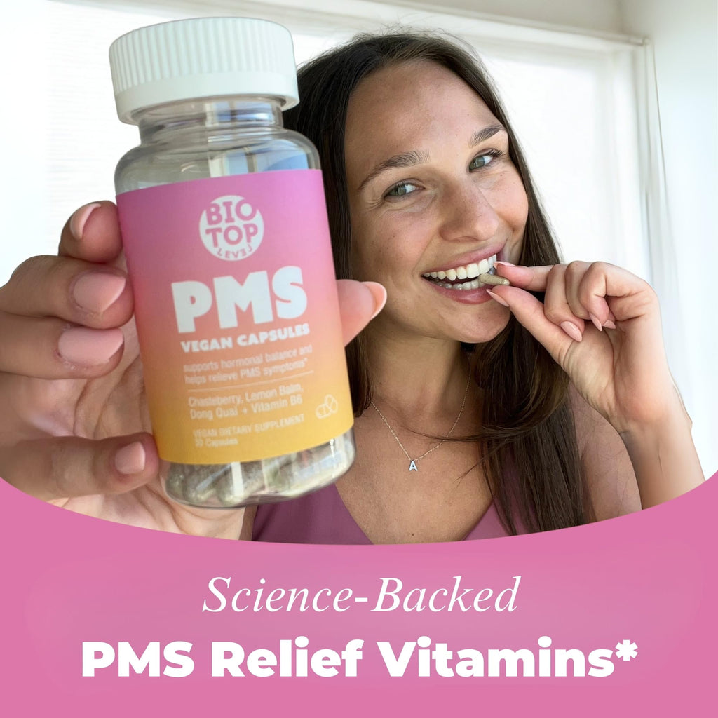 BIOTOPLEVEL PMS Support Supplement for Women & PMS Relief, Hormone Balance & Menstrual Period Relief for Cramps, Bloating & Mood Swings with Chasteberry, Vitamin B6, Lemon Balm, Dong Quai, 30 Count BIOTOPLEVEL Au supplements