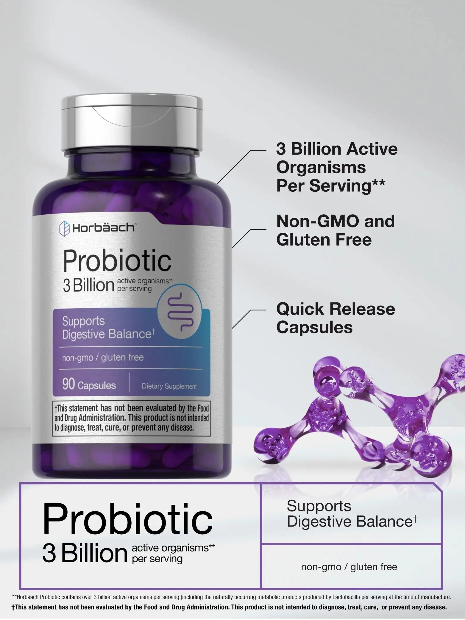 Probiotic for Women & Men's Digestive Health | 3 Billion CFU | 90 Capsules | Non-GMO Horbäach Au supplements