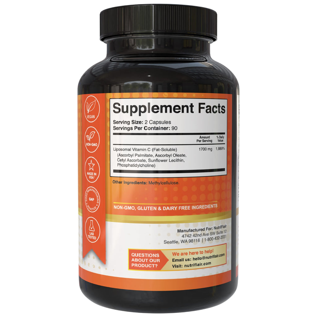 NutriFlair Liposomal Vitamin C 1700mg, 180 Capsules - High Absorption, Fat Soluble VIT C, Higher Bioavailability Immune System Support