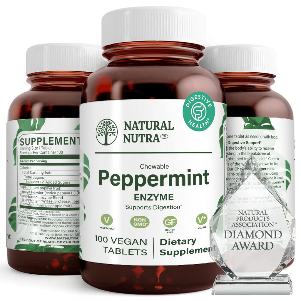 Natural Nutra Chewable Peppermint Digestive Enzyme Supplement, Help to Relieve Gas, Indigestion, and Other Digestive discomforts, Stomach Calmness, Papaya (Papain)
