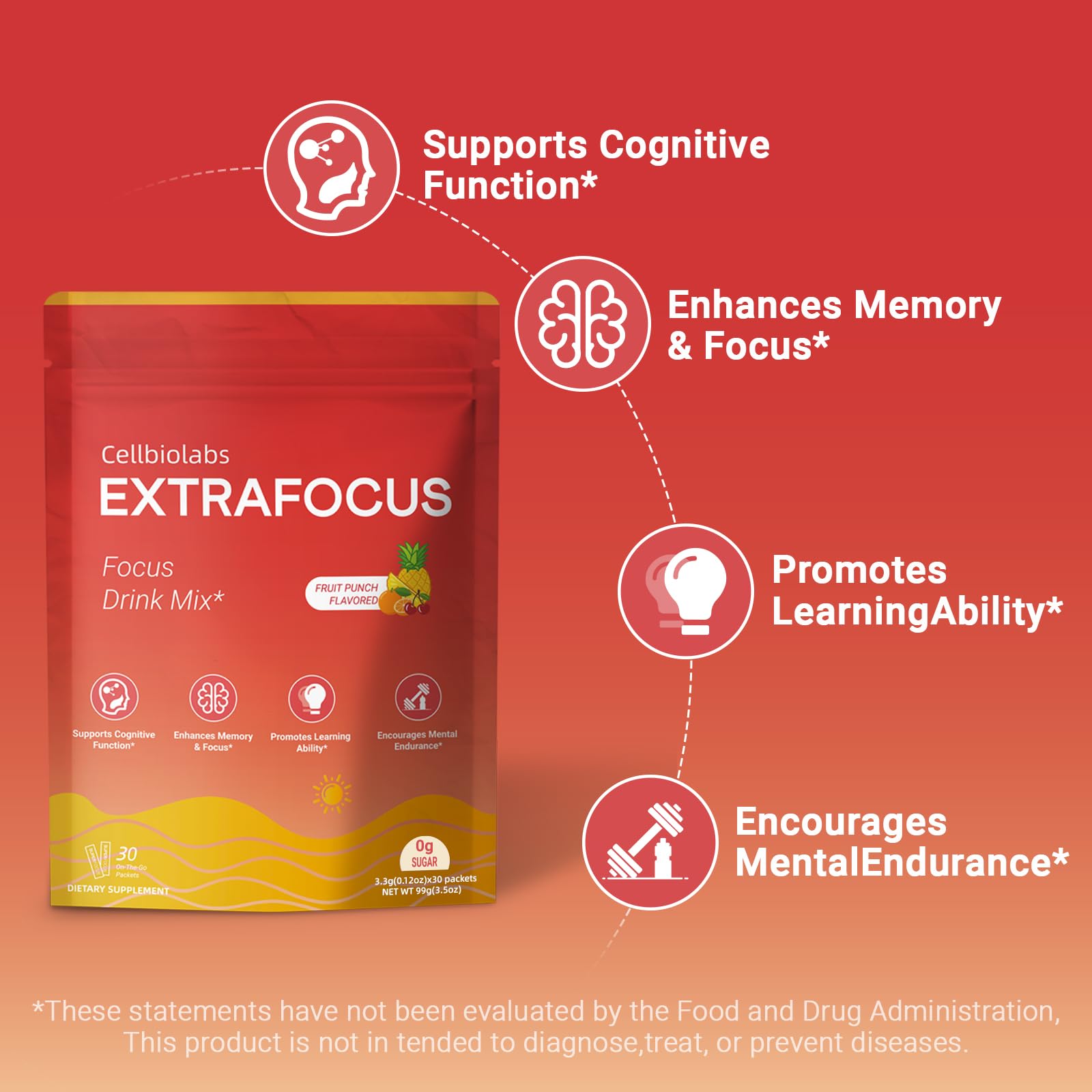 Nootropic Extra Focus Drink Mix, 30 Packs On-The-Go Sticks, Featuring Alpha-GPC, Lion's Mane & Rhodiola, Sugar-Free Packets Fruit Punch Clean Drink Mix Cellbiolabs Au supplements