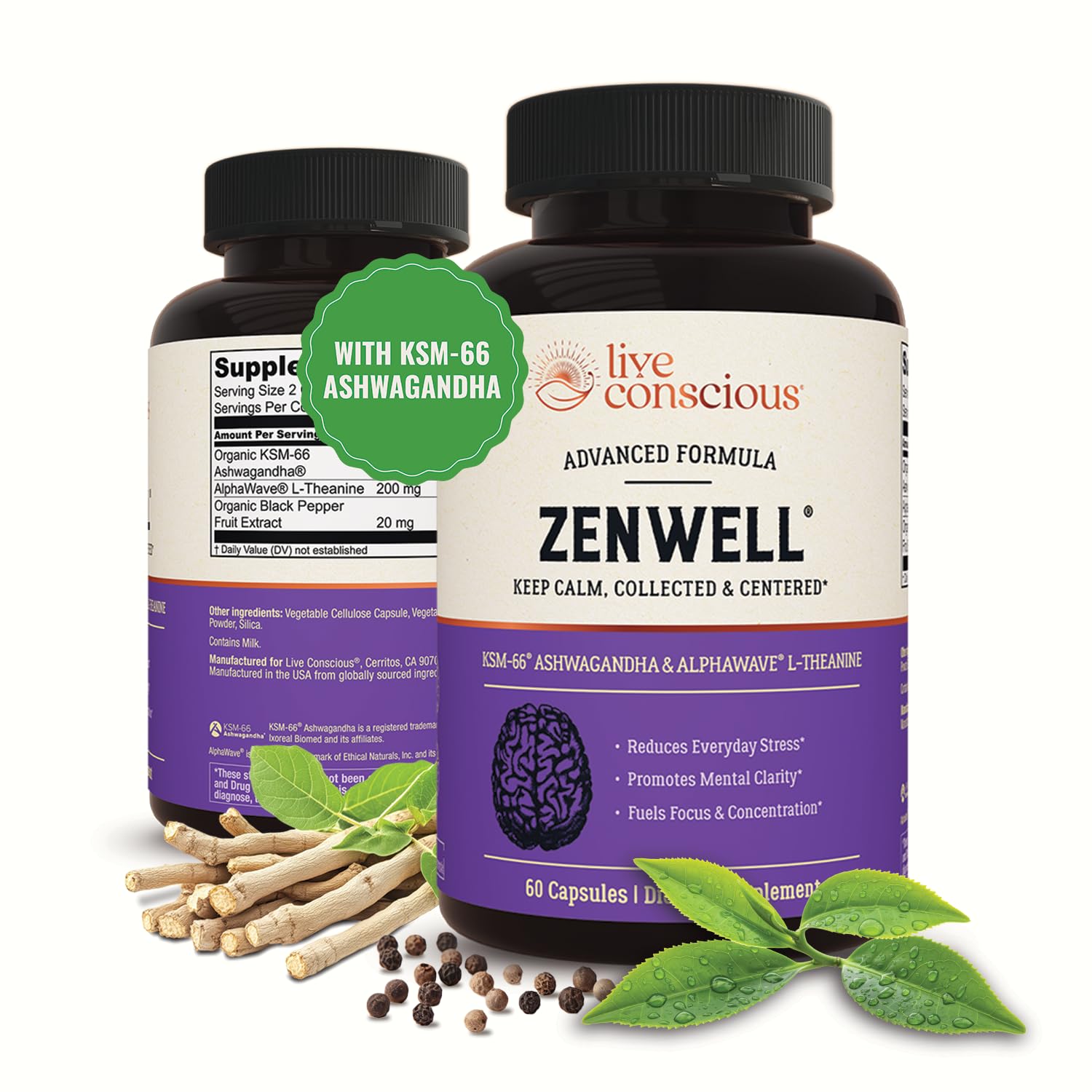Live Conscious KSM-66 Ashwagandha Supplement w/L Theanine & AlphaWave - ZenWell Everyday Stress Relief, Cognitive, Brain Health