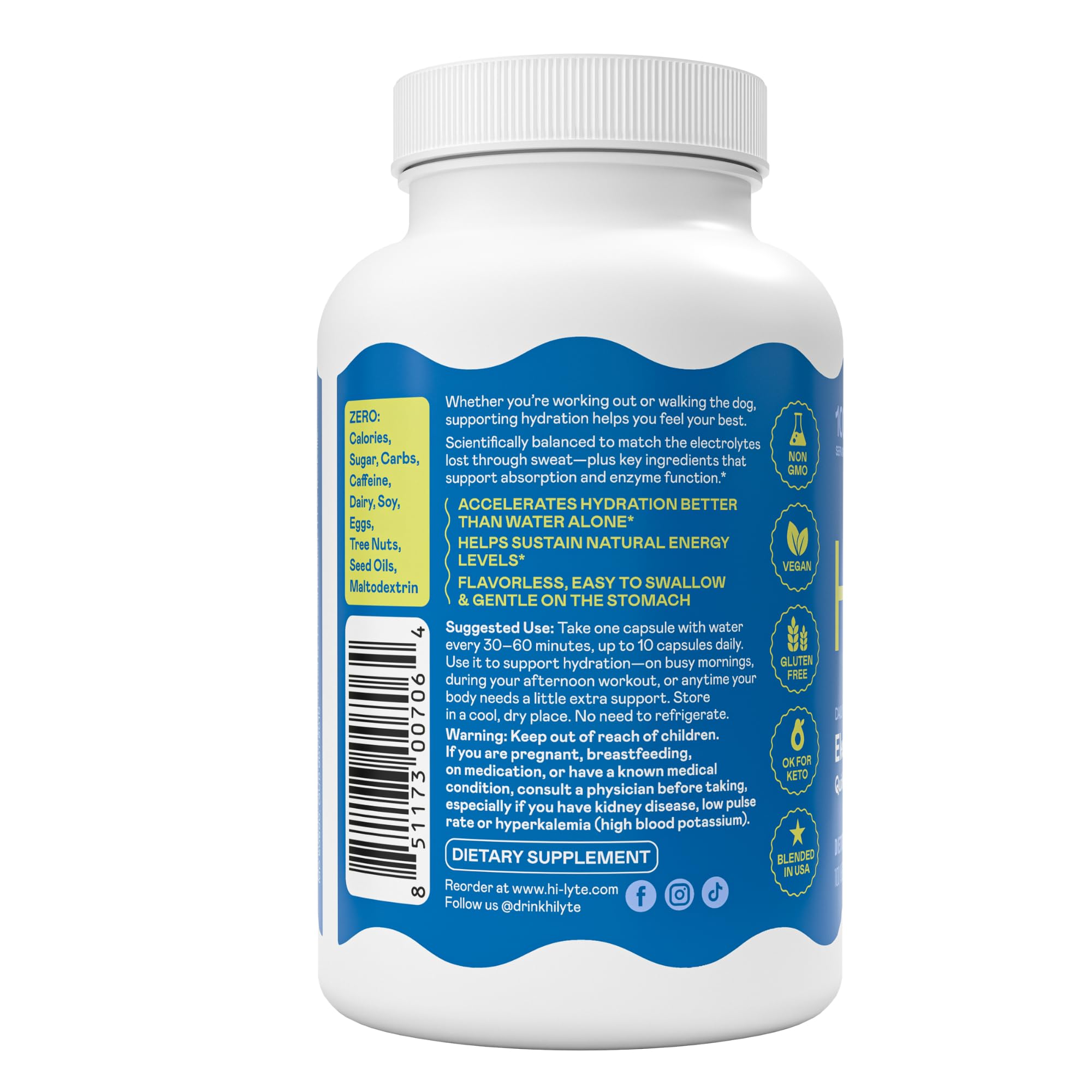 Hi-Lyte Unflavored Electrolyte Capsules - Hydration Support Supplement Tablets - Sodium, Potassium, Magnesium - 100 Servings