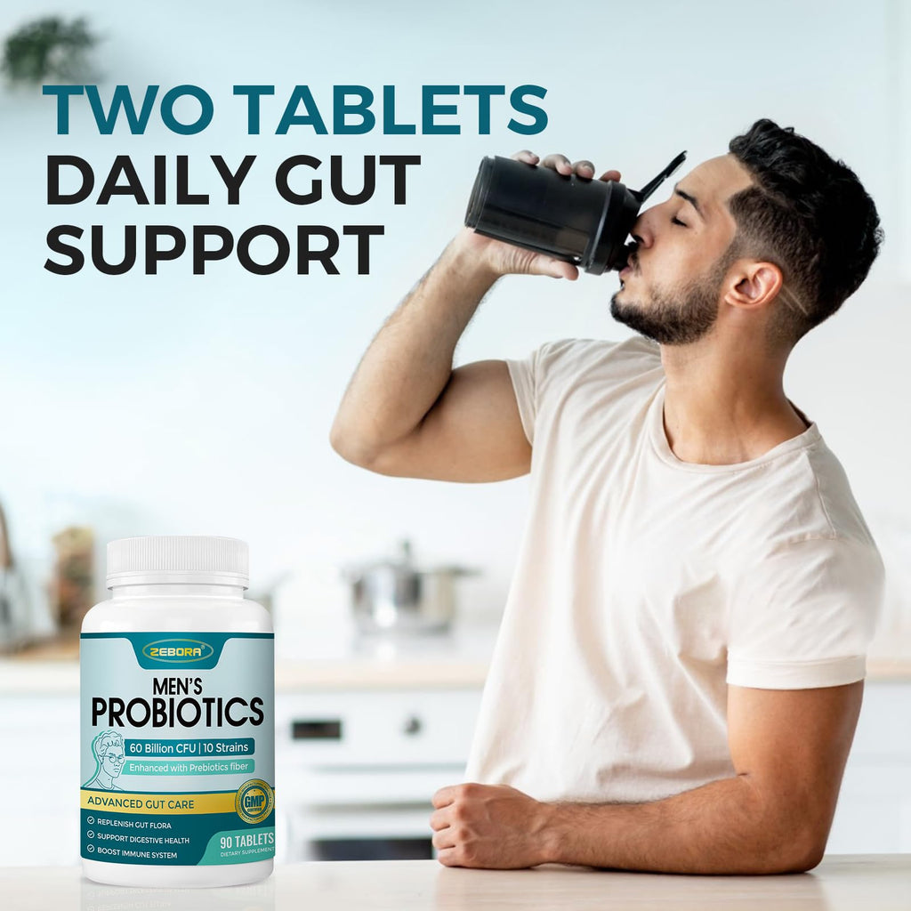 ZEBORA Probiotics for Men and Prebiotics for Digestive Health, 90 Tablets, 60 Billion CFUs for Immune and Gut Health, 10 Strains, Hypoallergenic Probiotics,