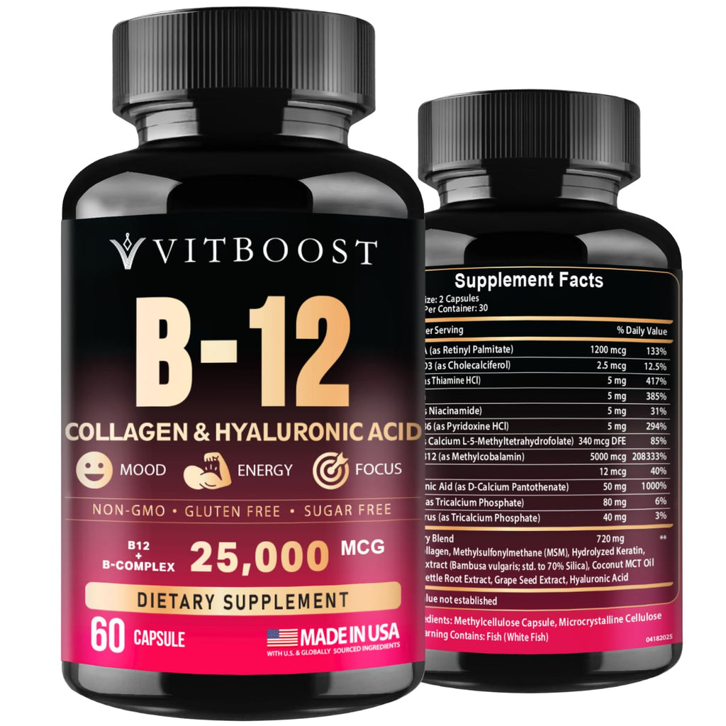 B12 with Hyaluronic Acid, Collagen and Folate – 25000 mcg B12 Complex | Maximize Absorption & Energy | Gluten Free USA Made, B1, B2, B3, B6, B7, B12 vitamins 5000 mcg