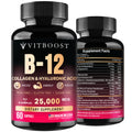 B12 with Hyaluronic Acid, Collagen and Folate – 25000 mcg B12 Complex | Maximize Absorption & Energy | Gluten Free USA Made, B1, B2, B3, B6, B7, B12 vitamins 5000 mcg