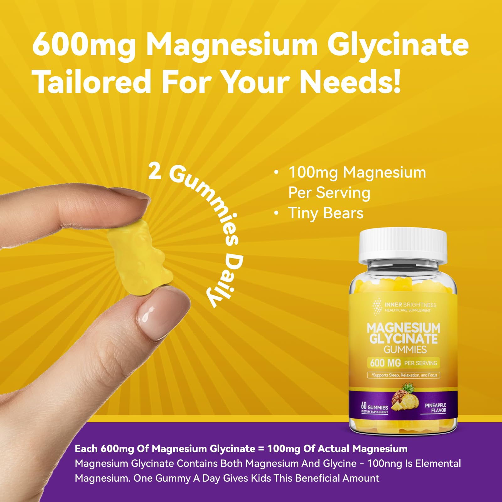Magnesium Glycinate Gummies 600mg, Non-GMO, Gluten-Free, Magnesium Gummies for Adults & Kids, Sleep, Relaxation & Focus