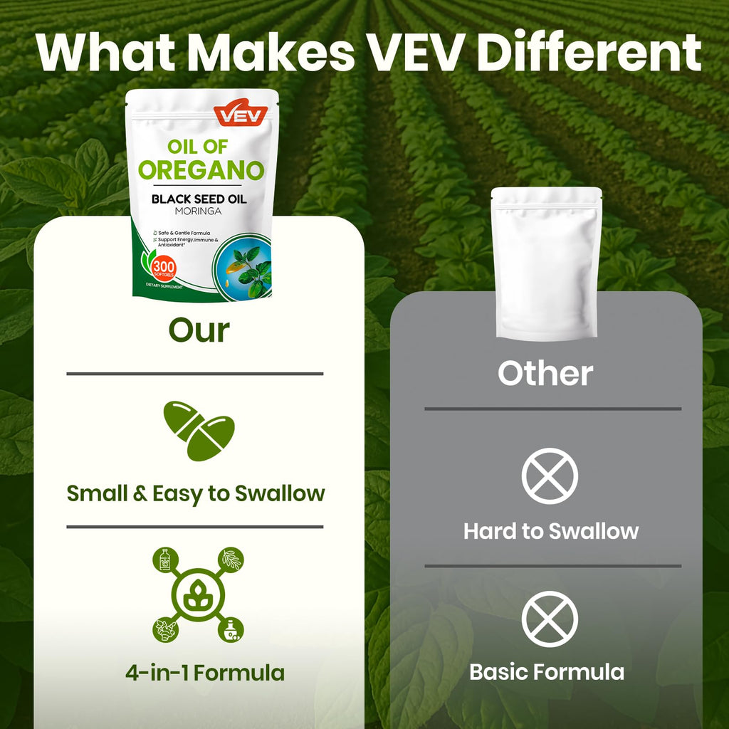 VEV Oil of Oregano with Black Seed Oil & Moringa, Organic, 300 Softgels, Aceite de Orégano, Carvacrol-Rich, Opaque Airtight Packaging