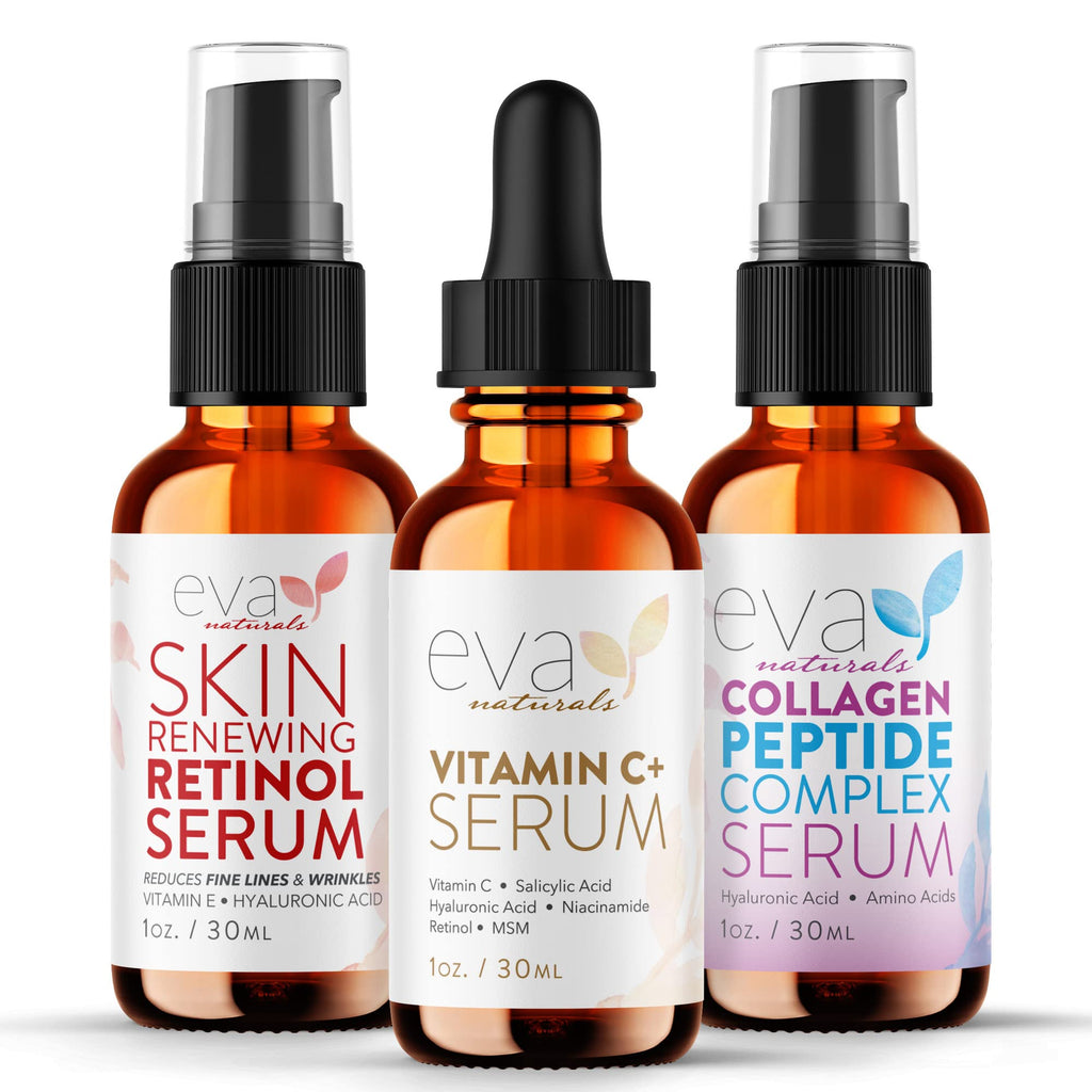 Eva Naturals Trifecta Face Serum Set – Retinol, Vitamin C & Peptides with Hyaluronic Acid & Niacinamide – Anti-Aging Skincare Bundle for Women