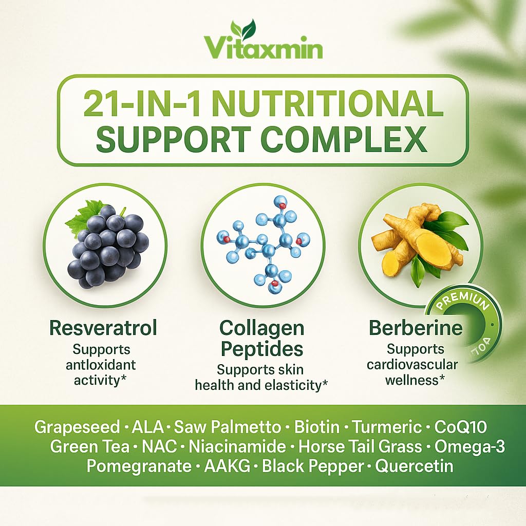 vitaxmin NAD Resveratrol Supplement 200mg with Berberine NAC Collagen - Nicotinamide Riboside NMN NADH CoQ10 Biotin Hyaluronic Acid - Hair Skin Nails Supplement - 60 Capsules vitaxmin Au supplements