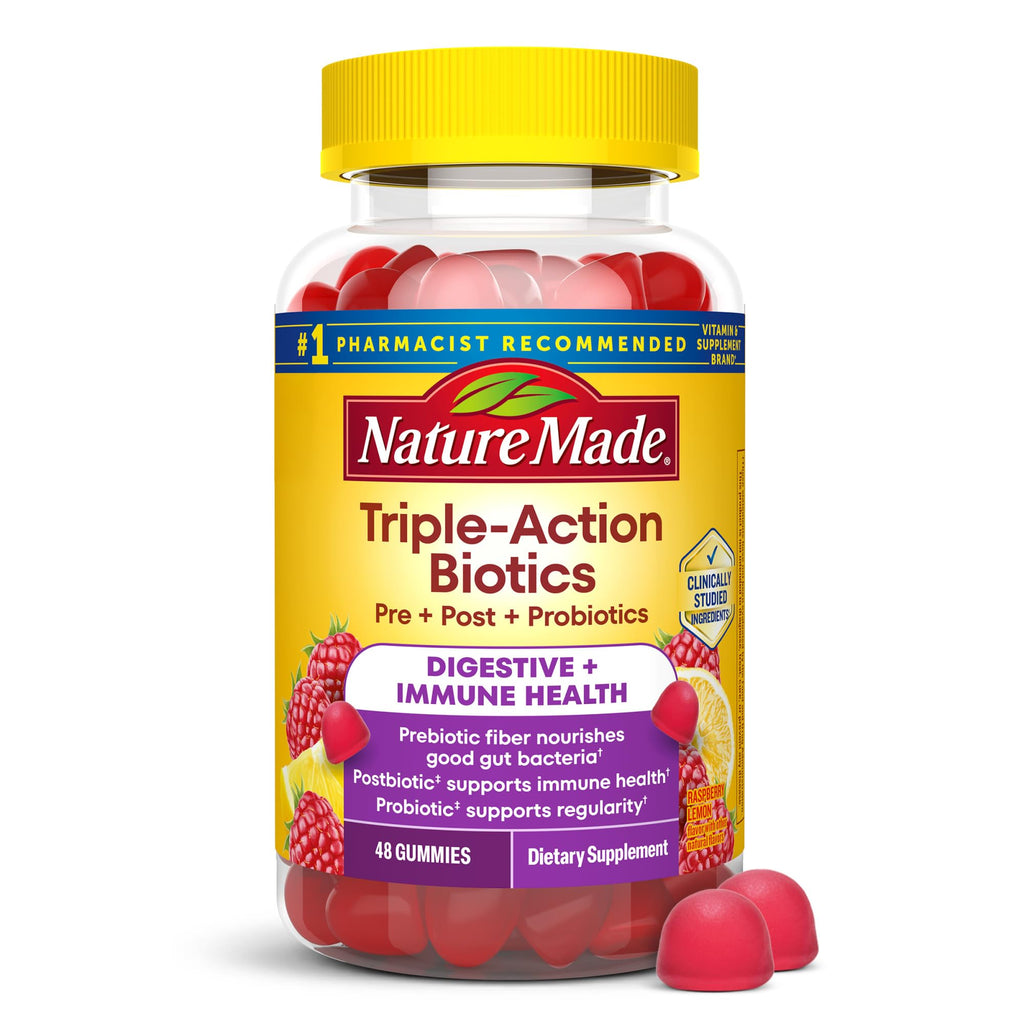 Nature Made Triple-Action Biotics, Gut and Immune Health Support, Digestive Probiotics for Women and Men, Prebiotic Fiber Gummies, 48 Gummies, 24 Day Supply