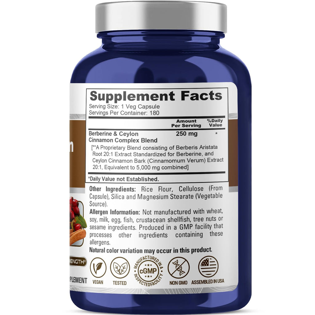 NusaPure Berberine with Ceylon Cinnamon 20:1 Extract, 250 mg Equivalent to 5000mg 180 Veggie Capsules, Vegetarian, Non-GMO Supplement, (Berberine Complex) NusaPure Au supplements
