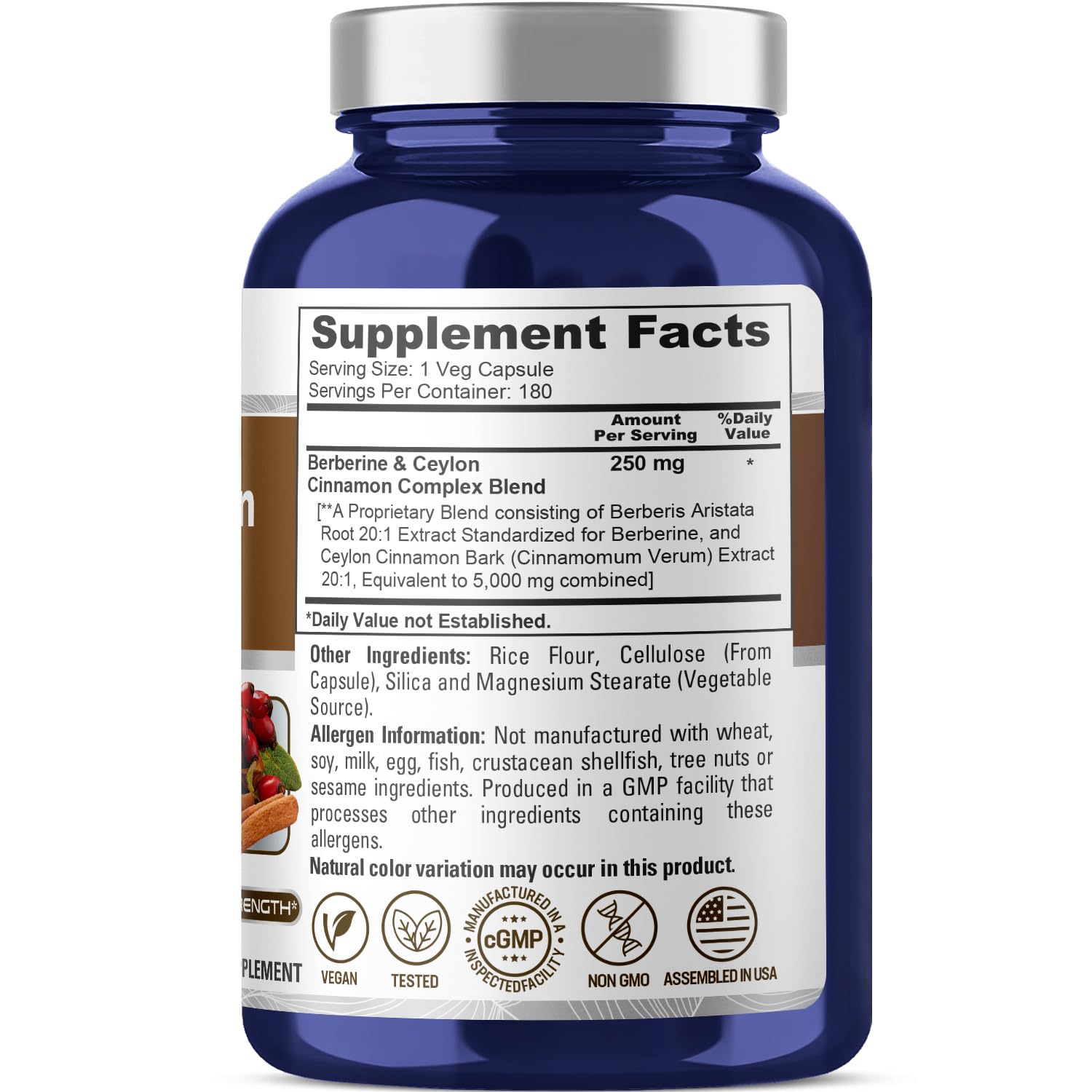 NusaPure Berberine with Ceylon Cinnamon 20:1 Extract, 250 mg Equivalent to 5000mg 180 Veggie Capsules, Vegetarian, Non-GMO Supplement, (Berberine Complex) NusaPure Au supplements