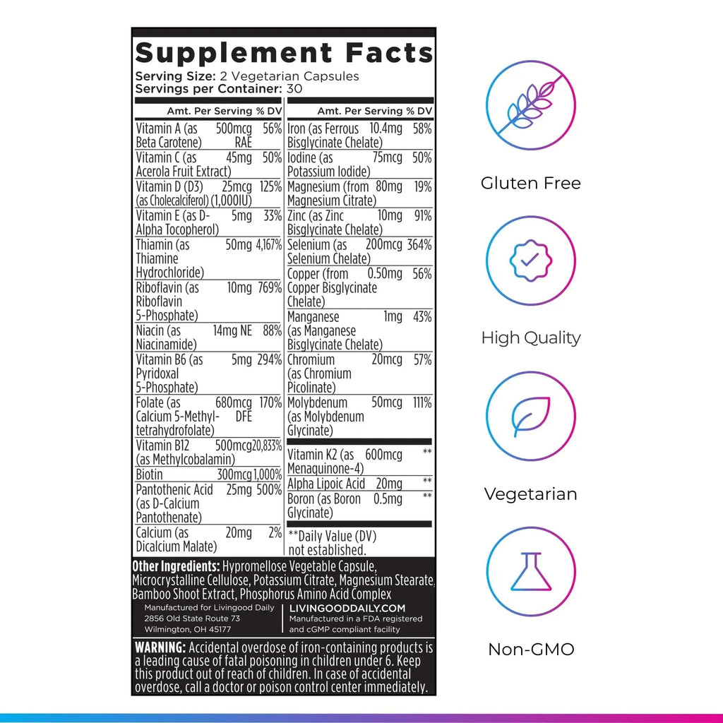 Livingood Daily Methylated Multivitamin for Women and Men, Multi Vitamin Supplement with Alpha Lipoic Acid, B Vitamins, Iron, Zinc and Selenium, Energy Livingood Daily Au supplements
