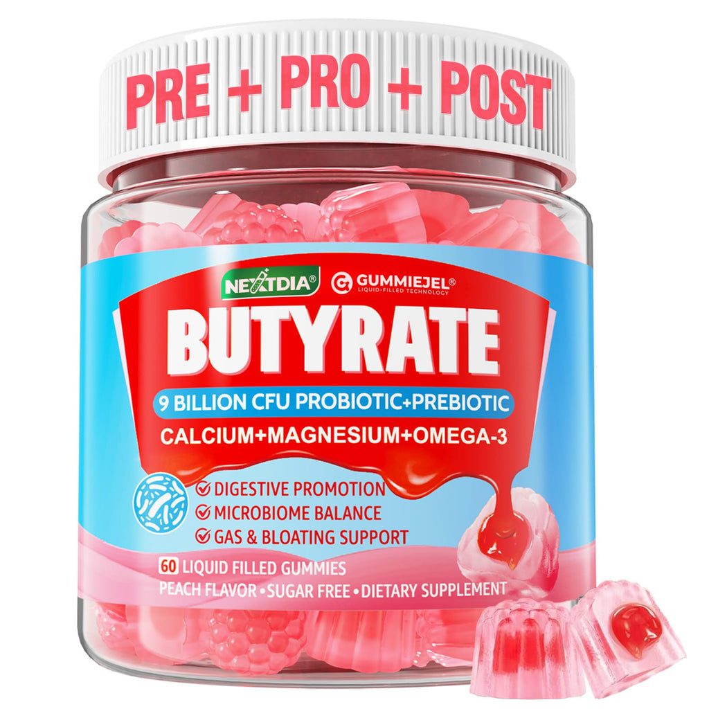 Butyrate Gummies with Probiotic + Prebiotic + Postbiotic, Omega-3 500mg,Fiber with 9 Billion CFU Probiotics, Calcium & Magnesium, Inulin,Psyllium Husk for Digestive Health,Bloating Support,Sugar Free Nextdia Au supplements